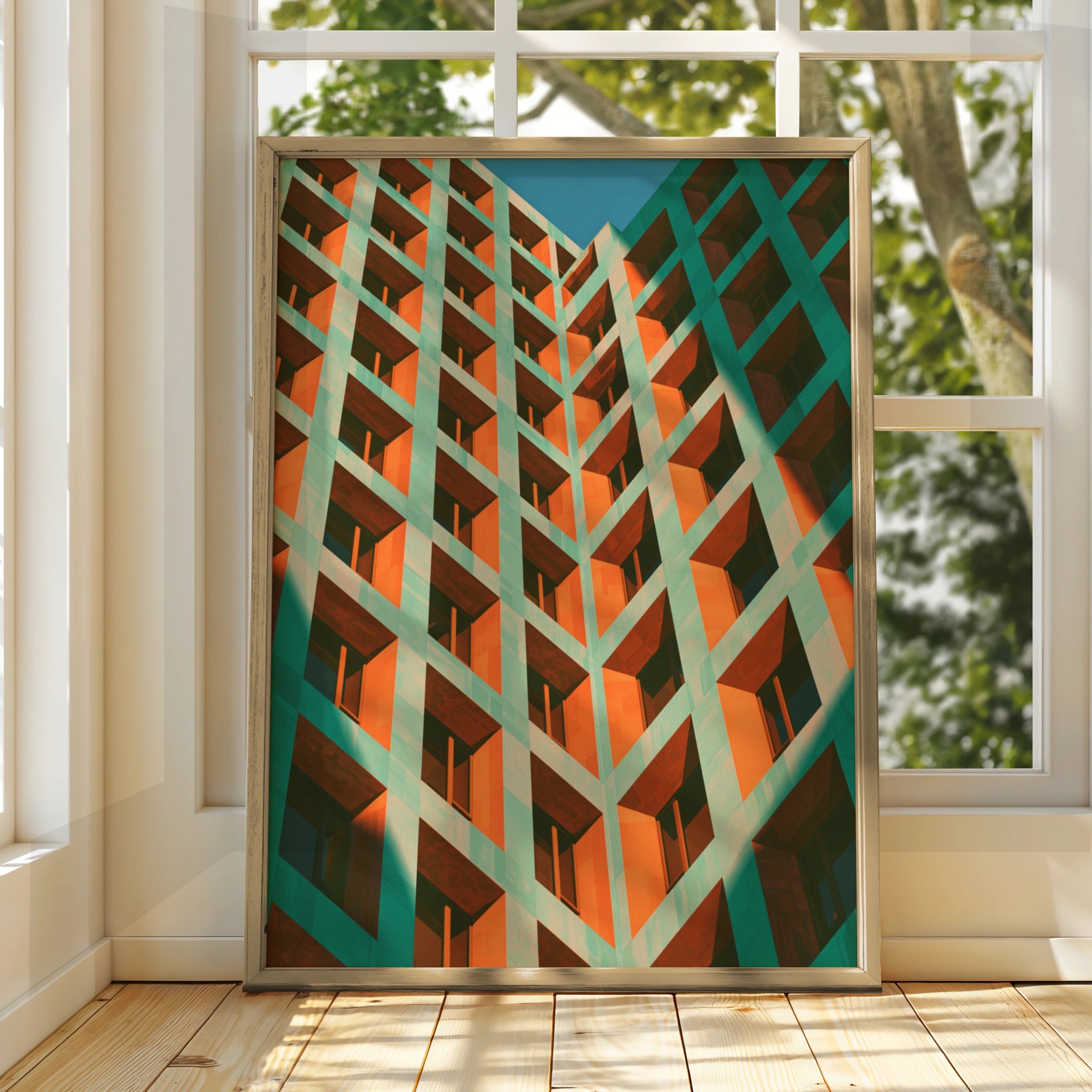 Architecture Building Facade Poster, Green Orange Geometric Brutalist Print