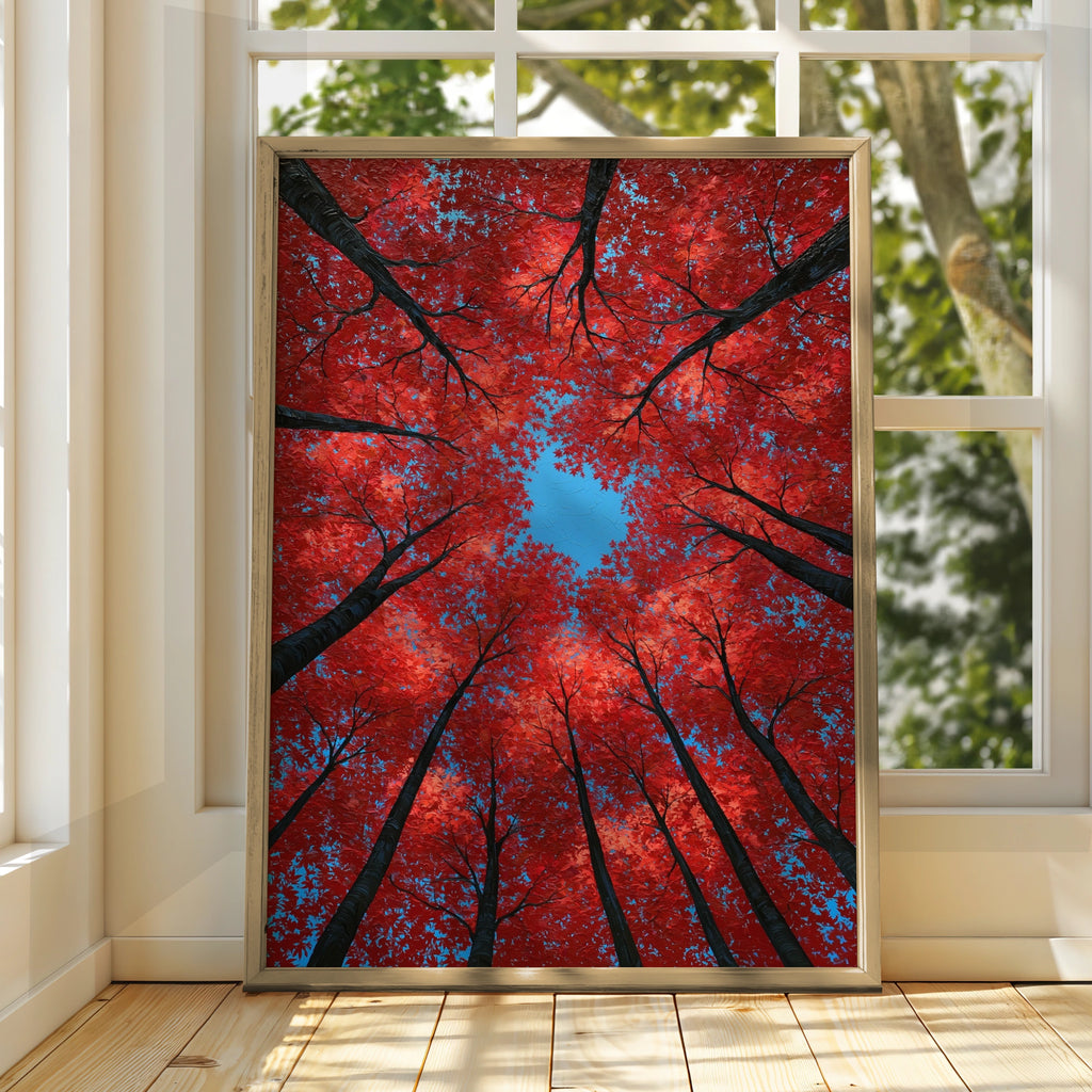 Red Autumn Trees Looking Up, Forest Canopy Wall Art Poster, Bold Nature Print