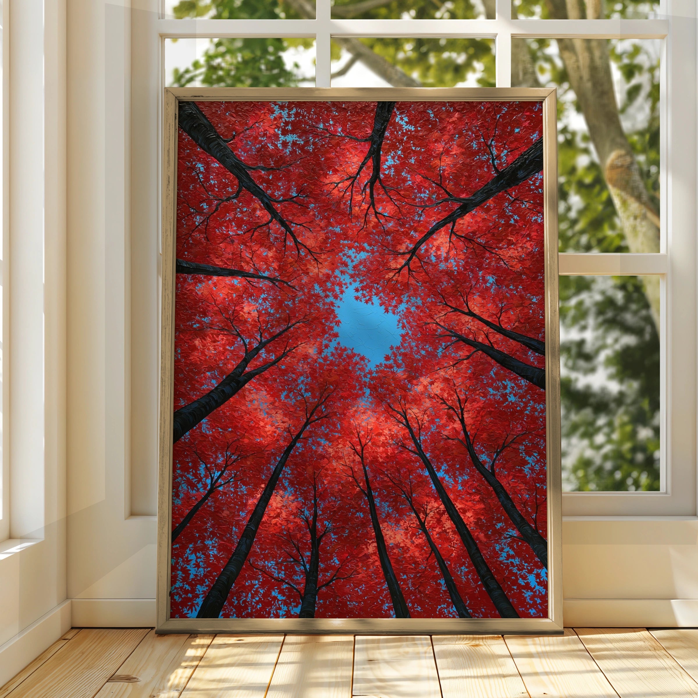 Red Autumn Trees Looking Up, Forest Canopy Wall Art Poster, Bold Nature Print