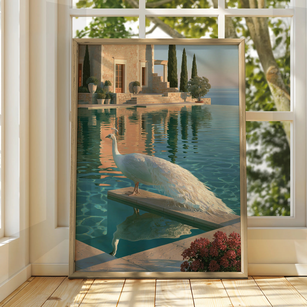 White Peacock by Infinity Pool, Mediterranean Villa Art Print, Realist Style