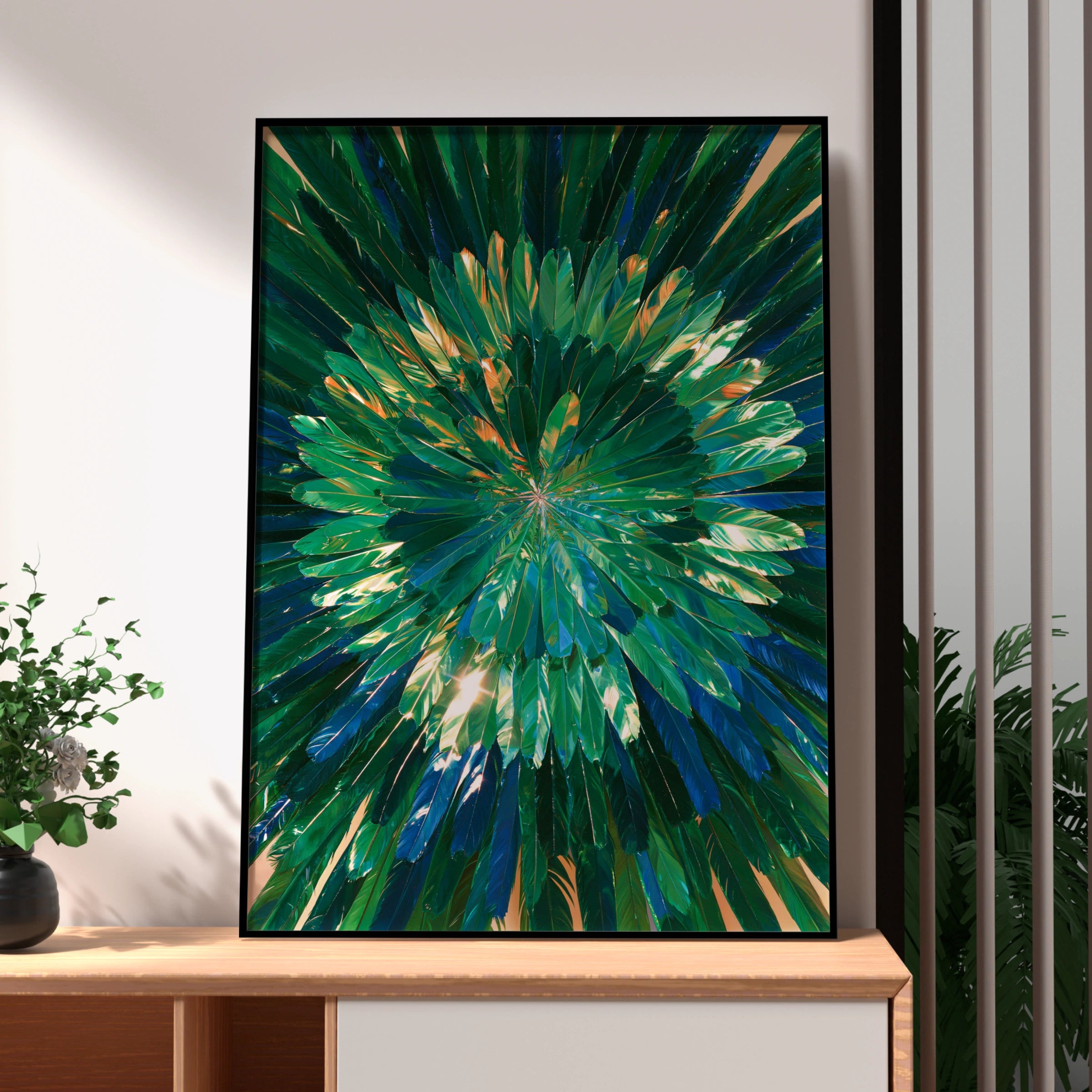 Green Feathers Burst Wall Art Poster, Iridescent Radial Nature Print