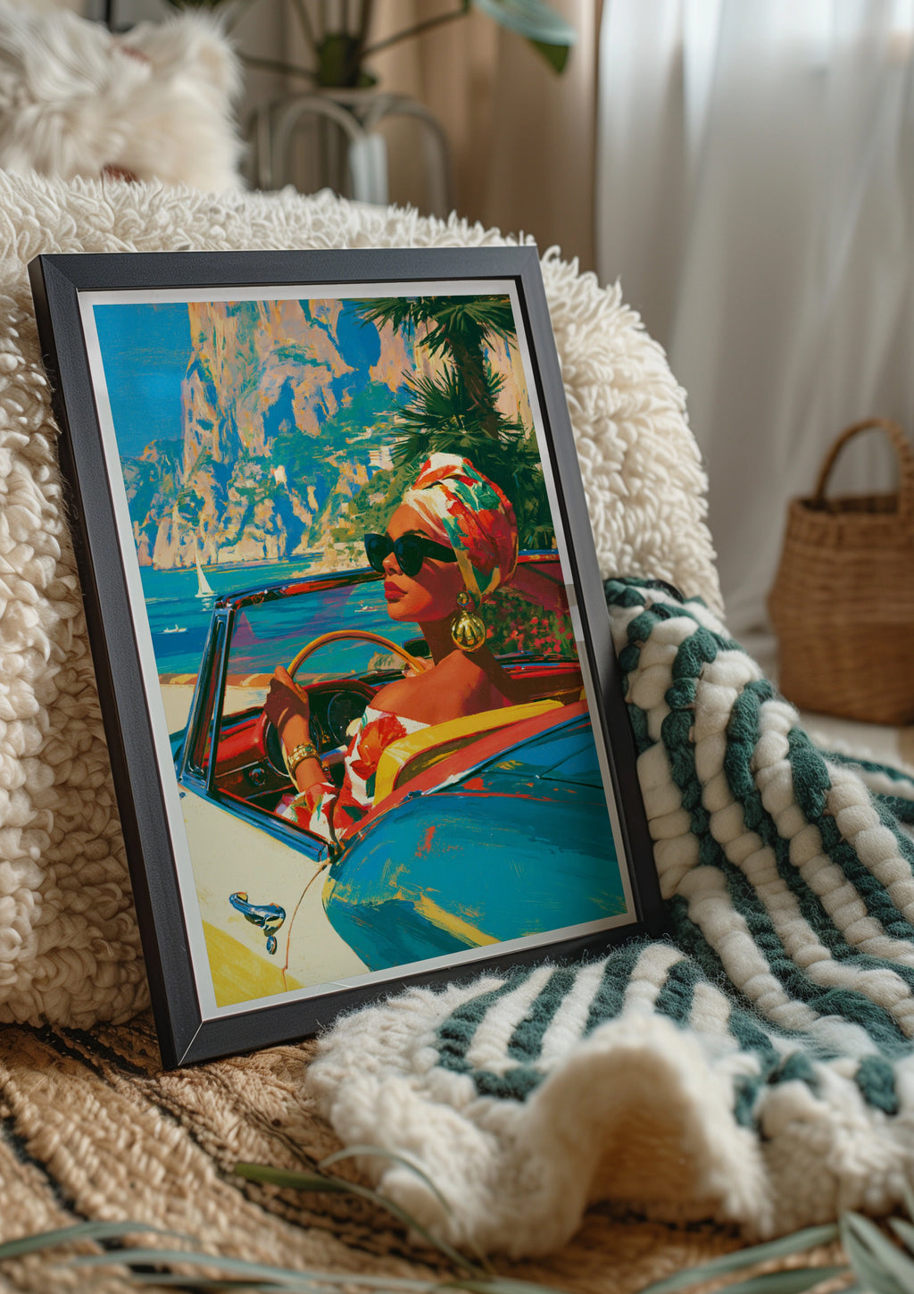 Woman in Convertible Car Coastal Italy Wall Art, Retro Travel Poster