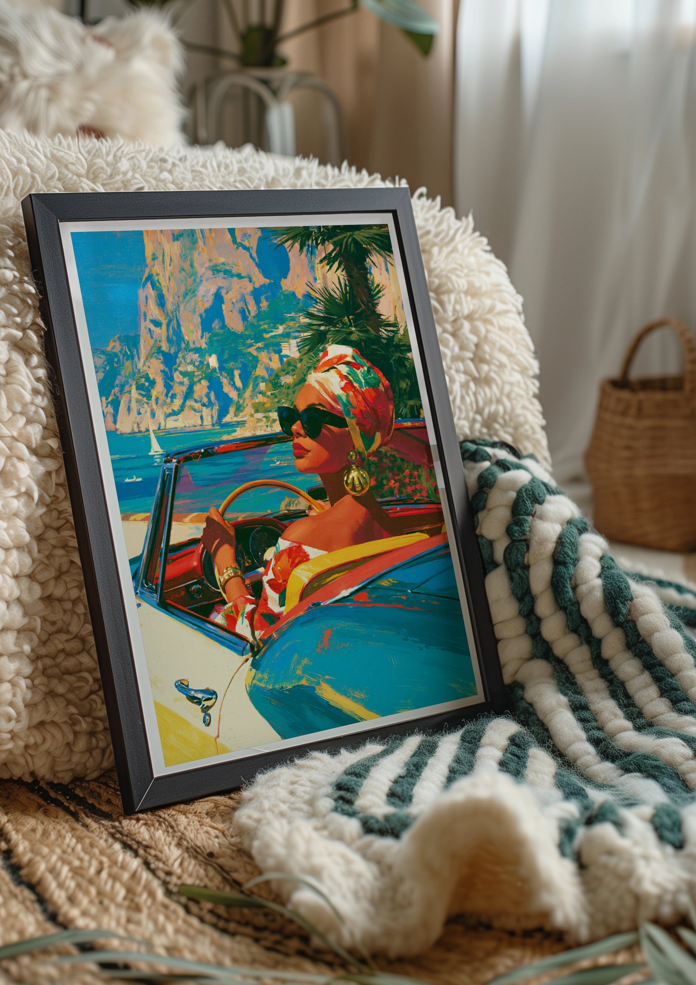 Woman in Convertible Car Coastal Italy Wall Art, Retro Travel Poster