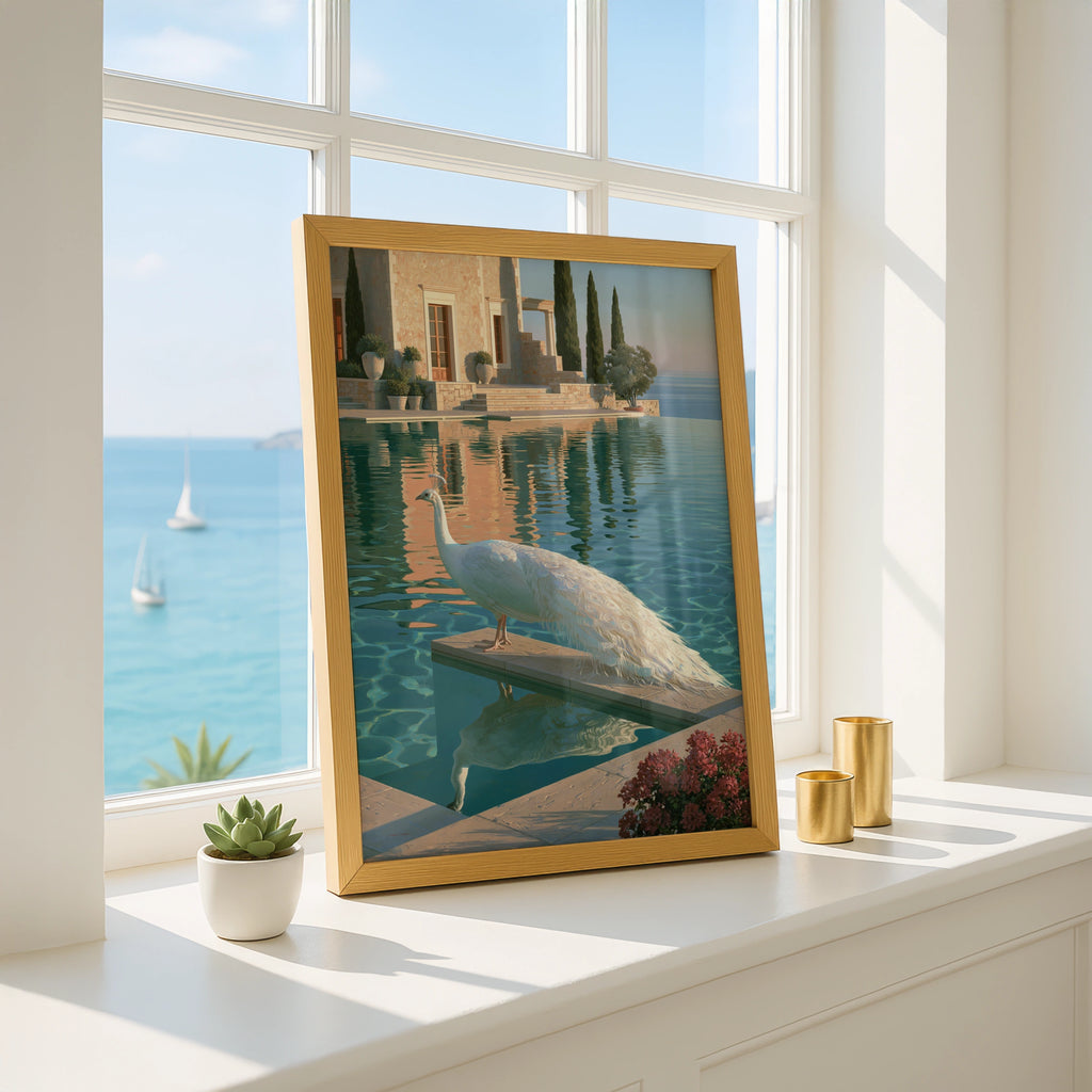 White Peacock by Infinity Pool, Mediterranean Villa Art Print, Realist Style