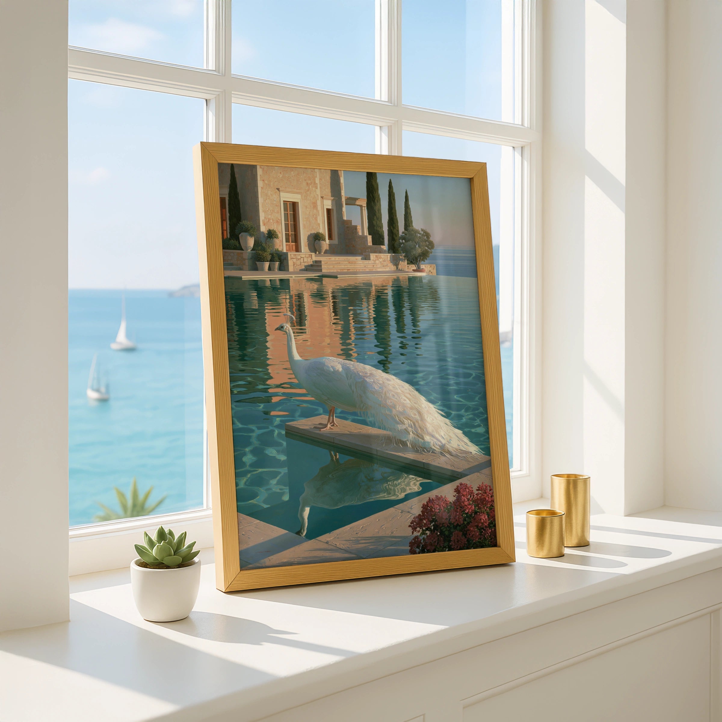 White Peacock by Infinity Pool, Mediterranean Villa Art Print, Realist Style