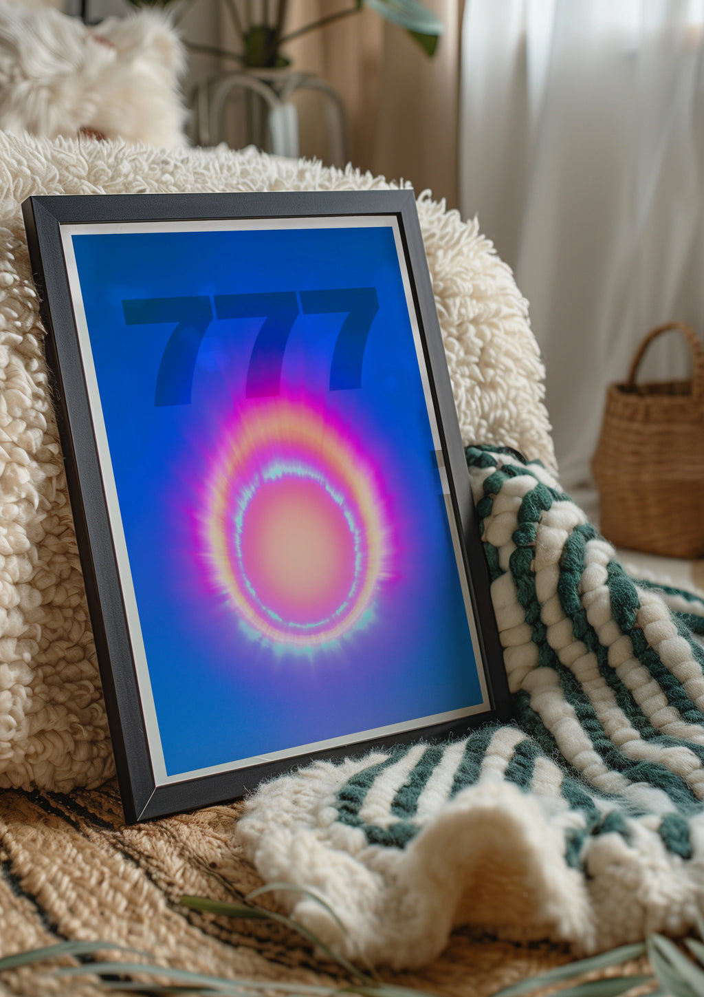 777 Angel Number Poster, Neon Aura Ring Print, Spiritual Blue Wall Art