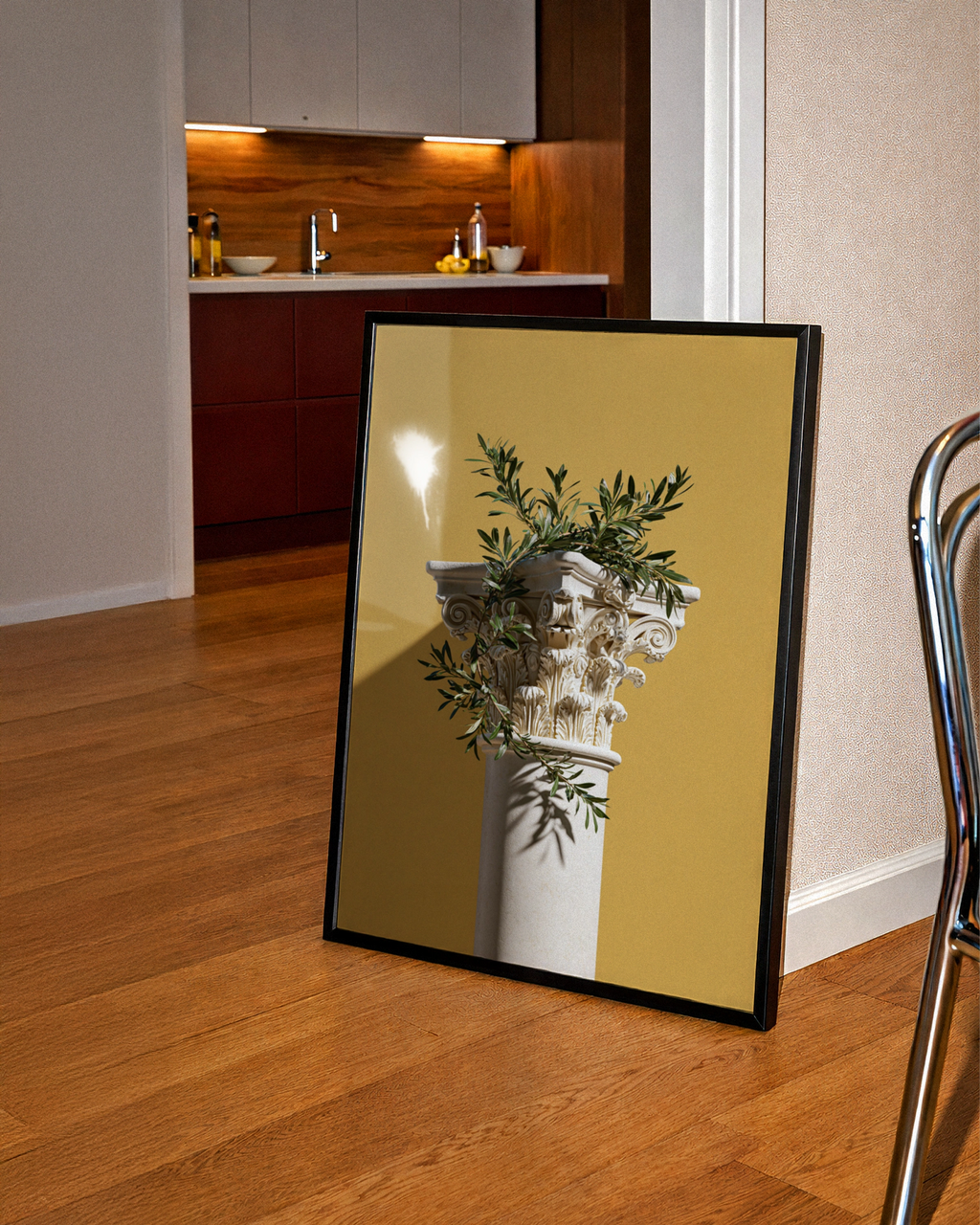 Greek Column Olive Branch Poster, Corinthian Capital Wall Art, Yellow Minimalist Print