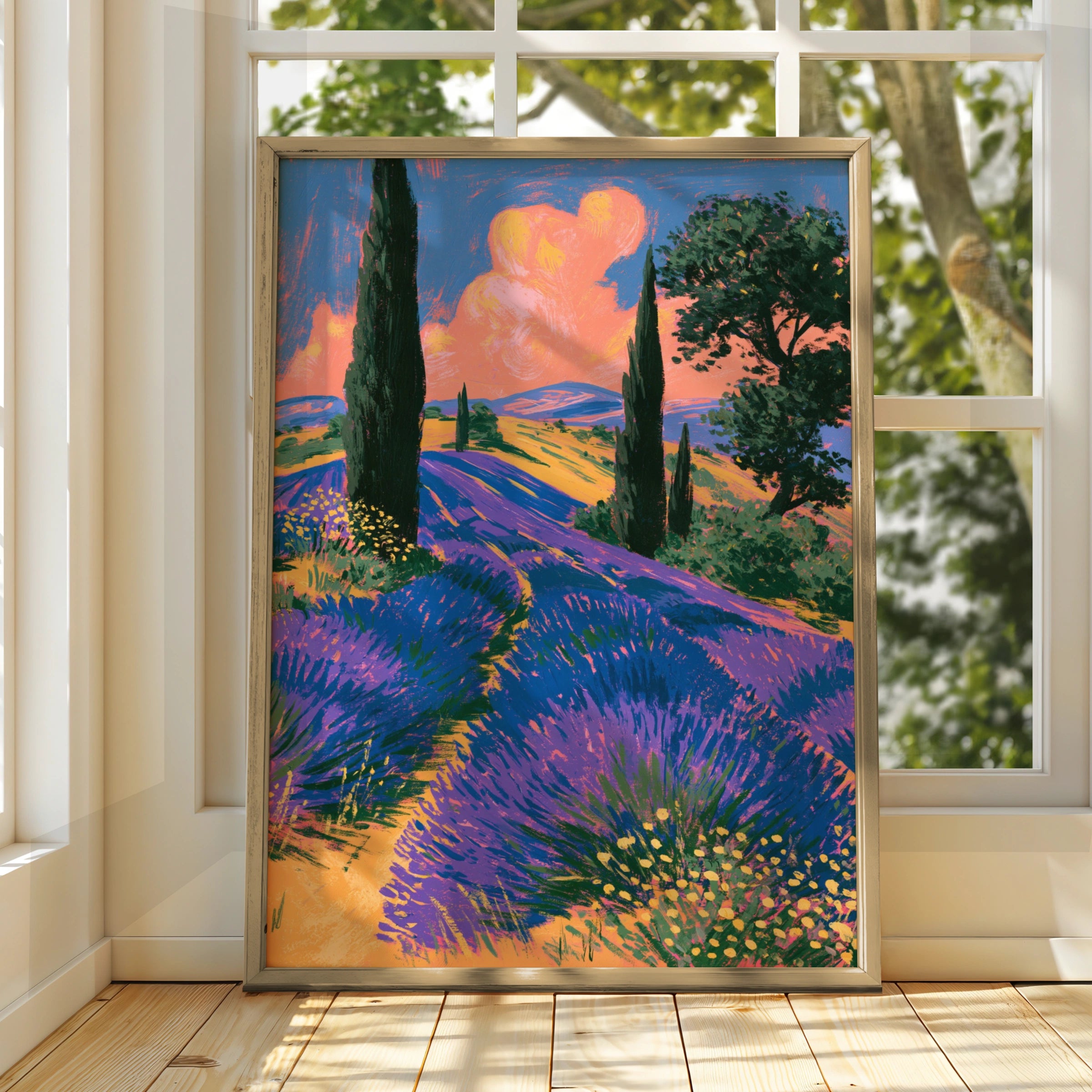 Lavender Fields Poster, Provence France Wall Art, Colourful Landscape Print