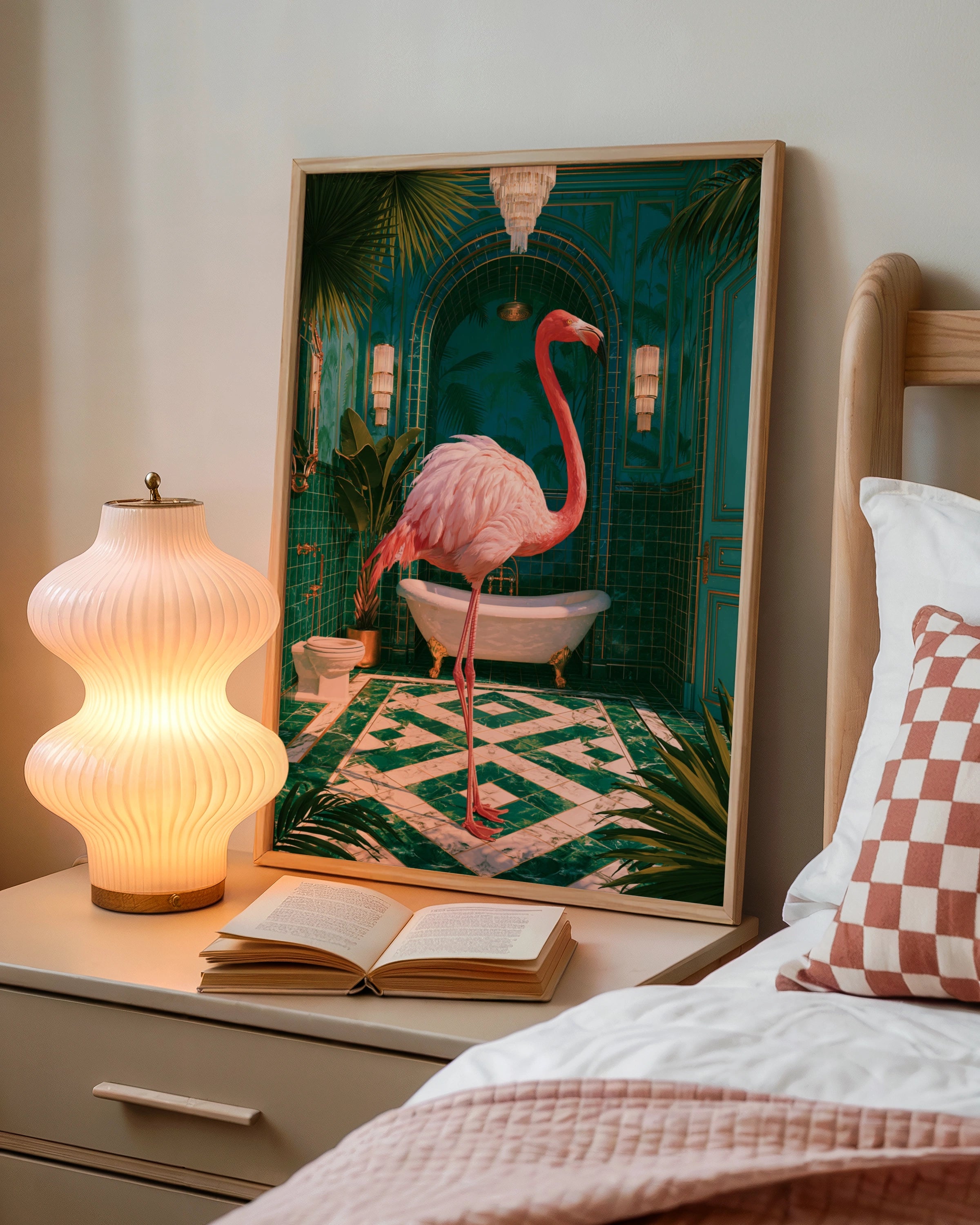 Flamingo Green Bathroom Poster, Pink Bird Tropical Art Deco Print