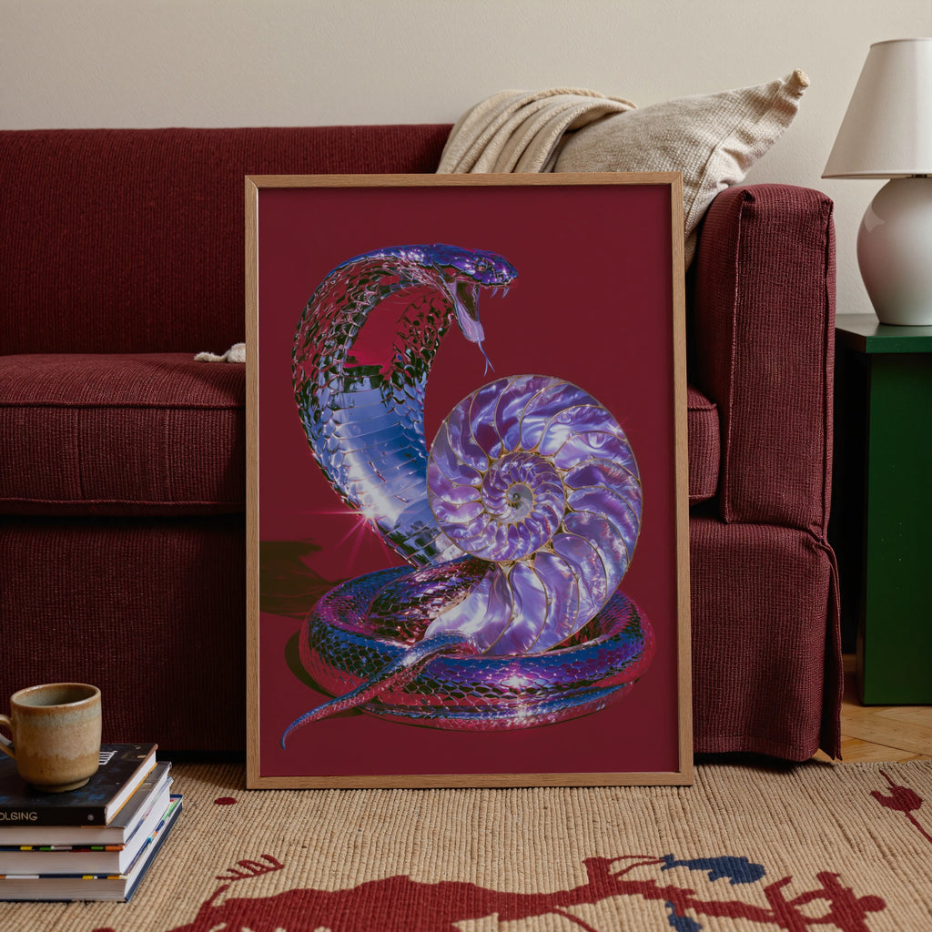 Chrome Cobra Nautilus Shell Poster, Red Purple Snake Wall Art Print
