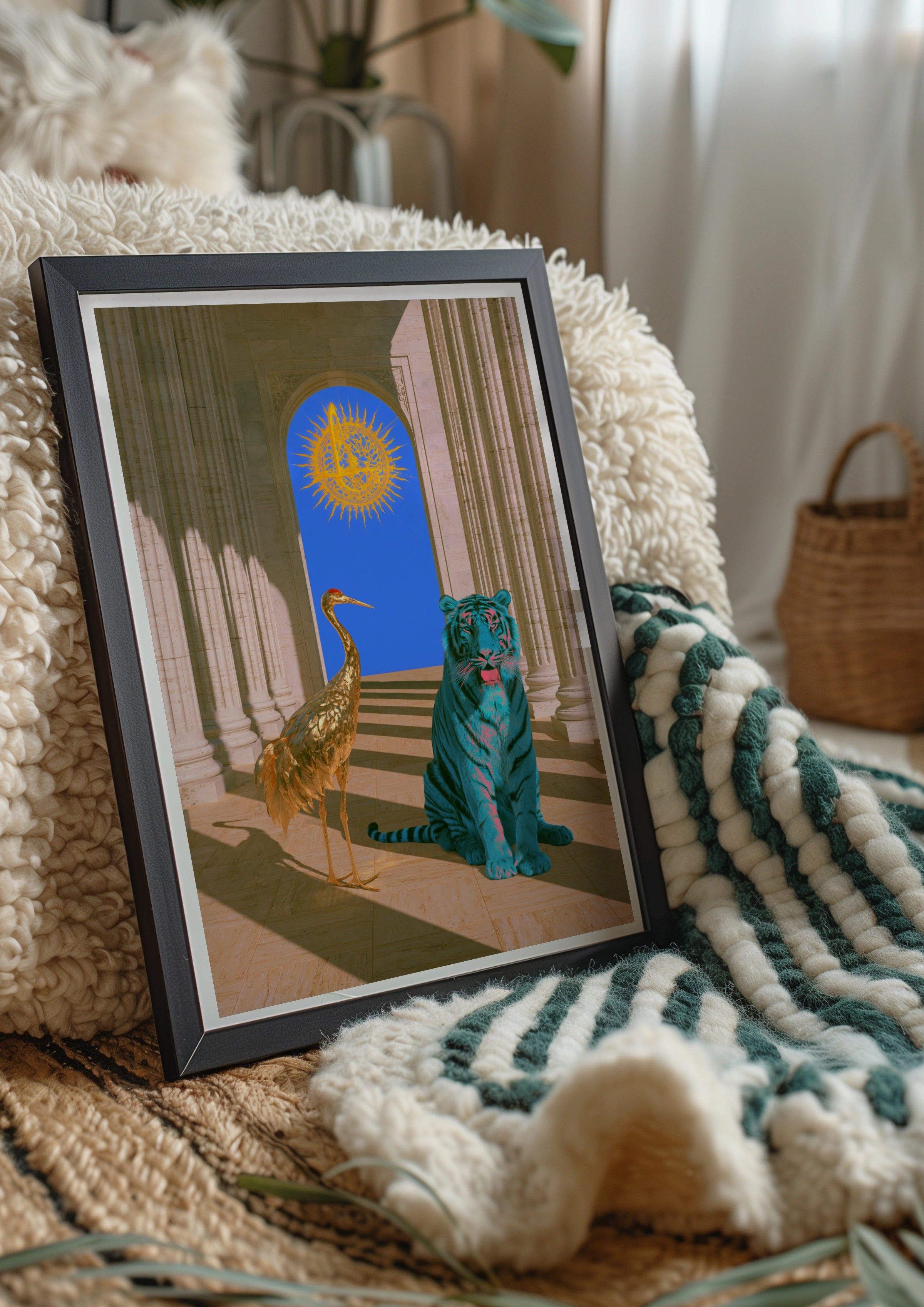 Blue Tiger Gold Crane Temple Poster, Surreal Animal Wall Art, Bold Maximalist Print