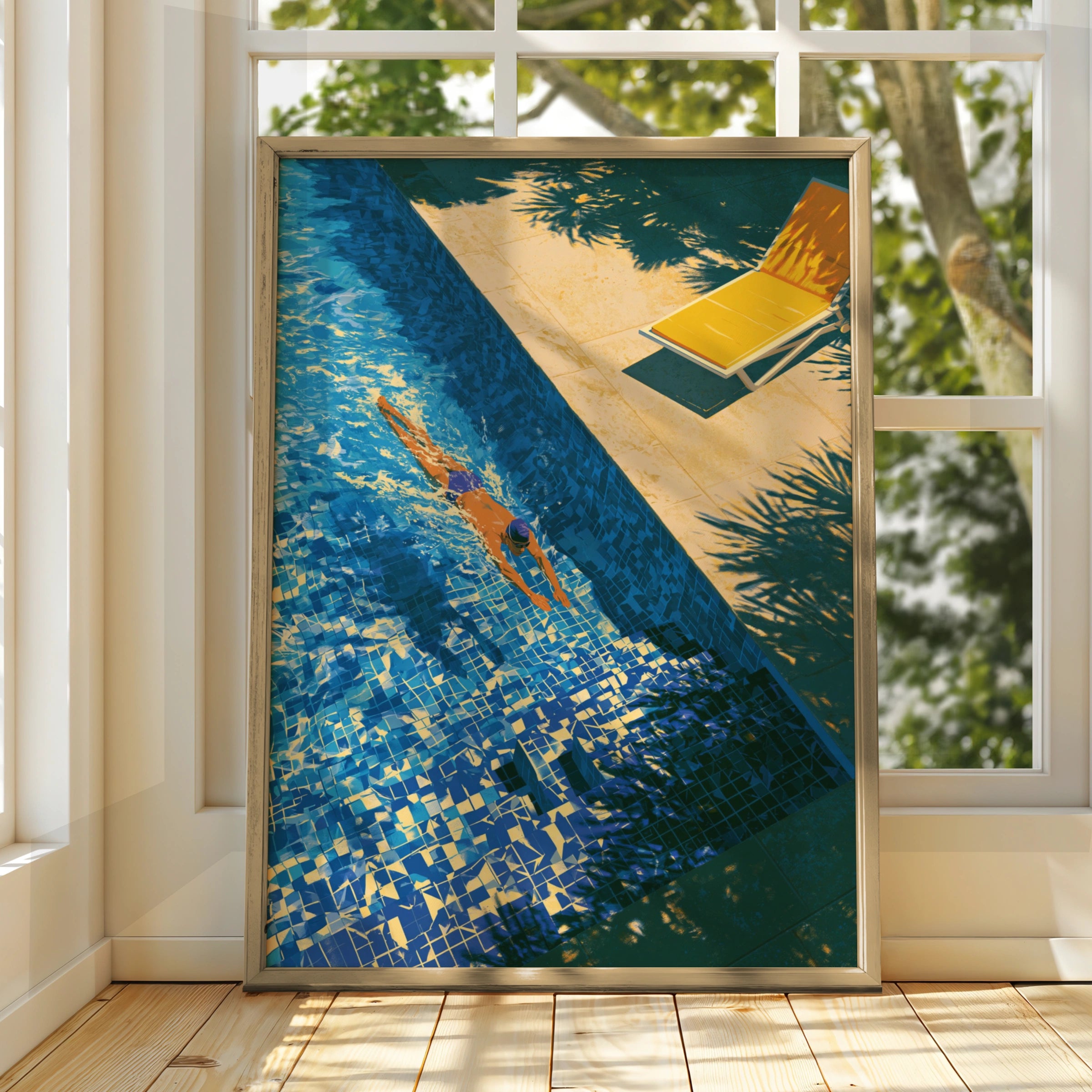 Swimming Pool Poster, Yellow Sun Lounger, Summer Art Print, Aerial View