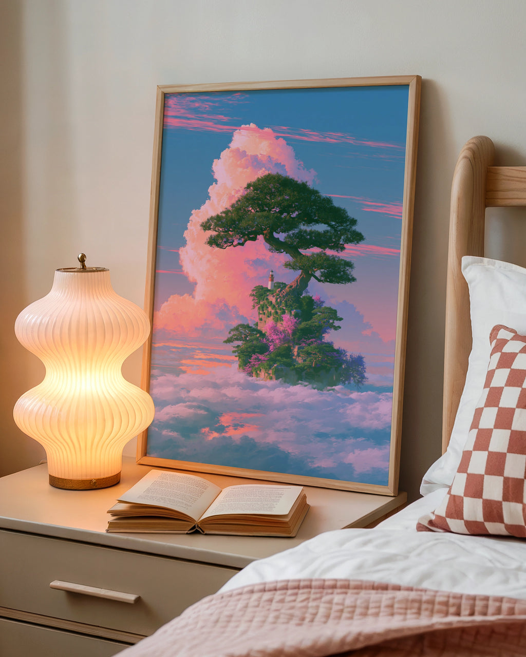 Floating Island Lighthouse Tree Sky Poster, Fantasy Japanese Art Print