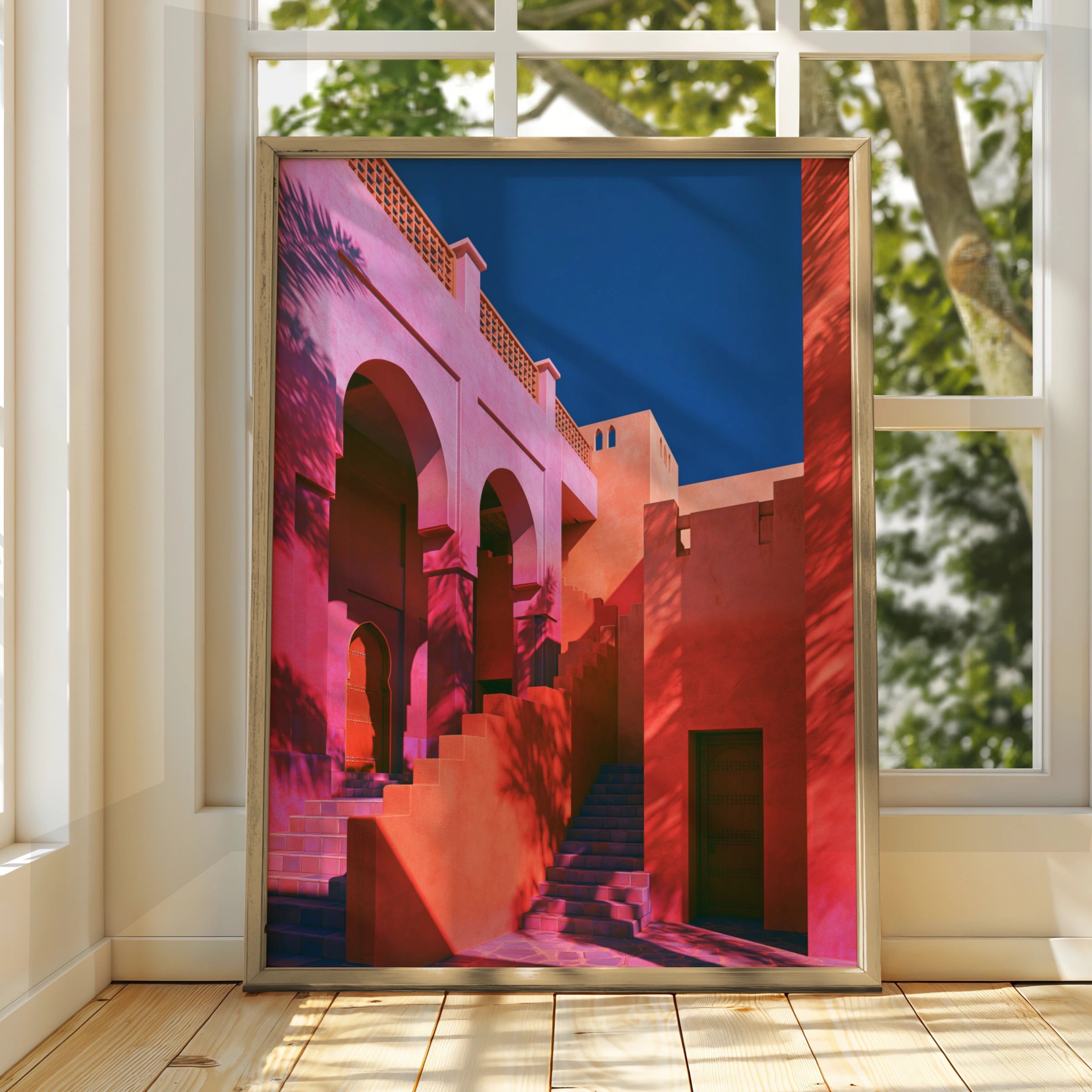 Moroccan Patio Architecture Poster, Pink Terracotta Arches, Bold Colour Print