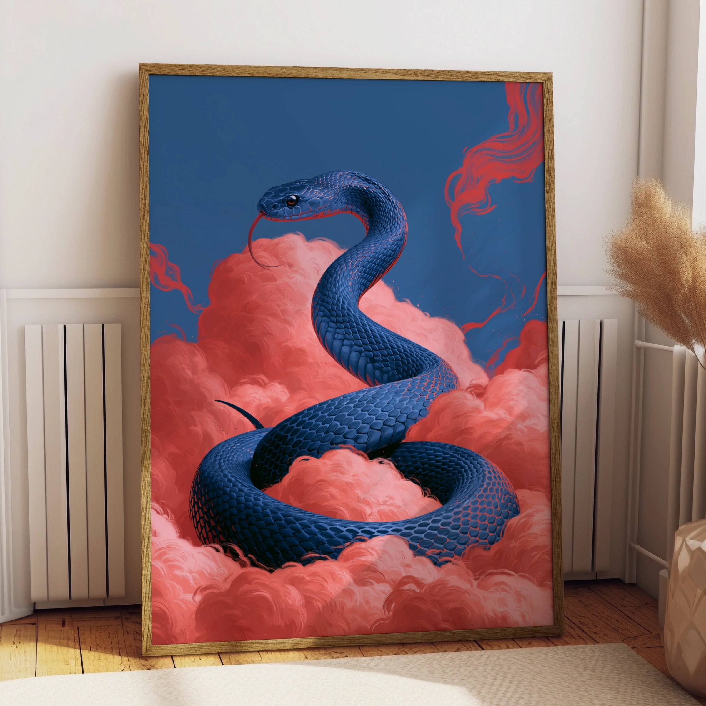 Blue Snake Pink Clouds Poster, Surreal Serpent Wall Art, Bold Colour Print