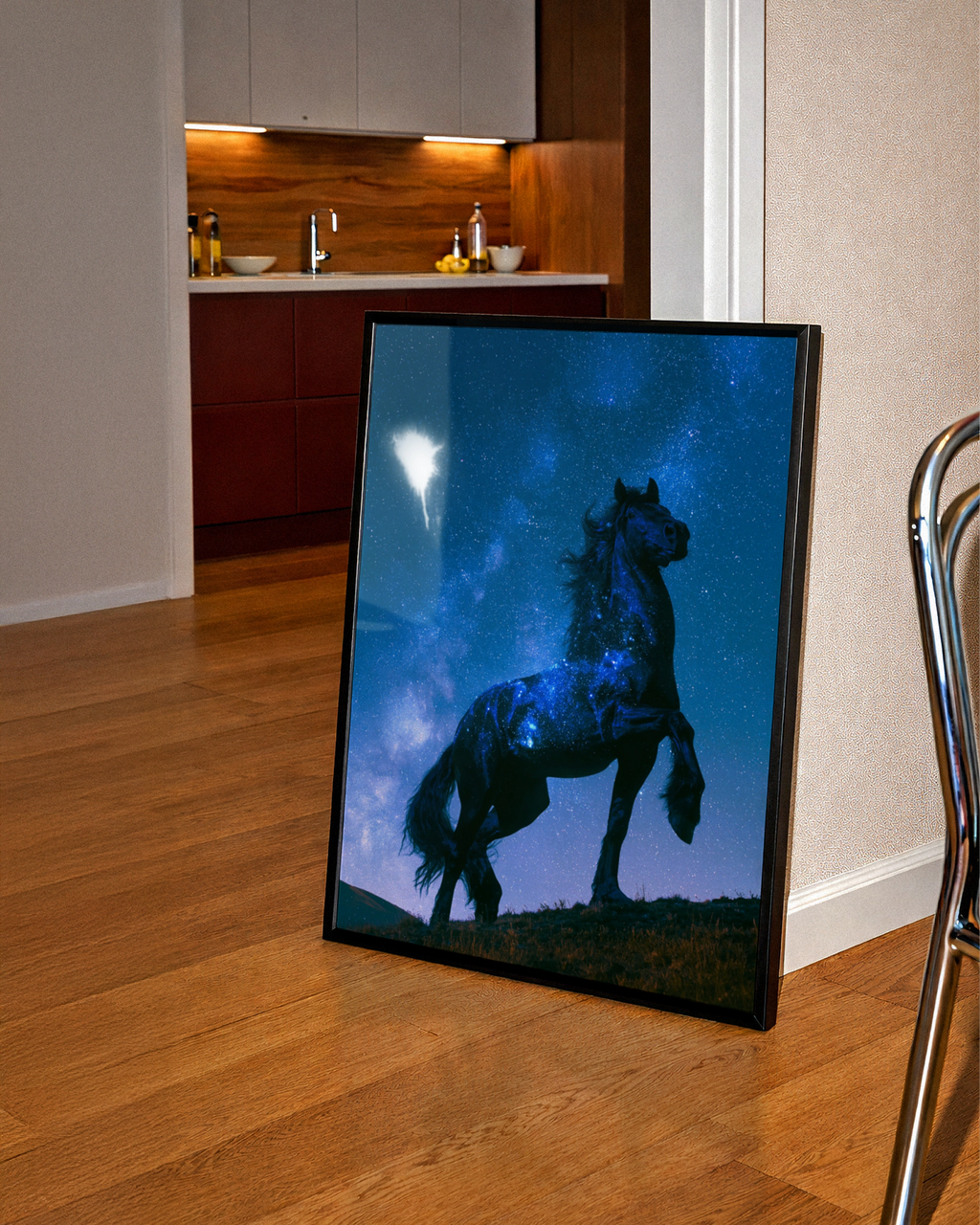 Celestial Horse Rearing Under Starry Night Sky, Galaxy Wall Art Poster