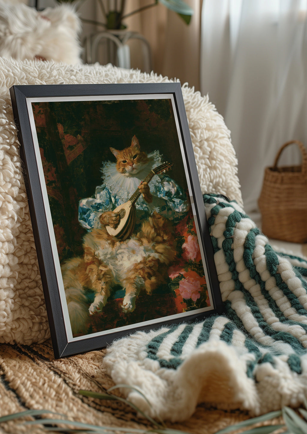 Cat Playing Lute Poster, Baroque Animal Portrait, Renaissance Musician Wall Art