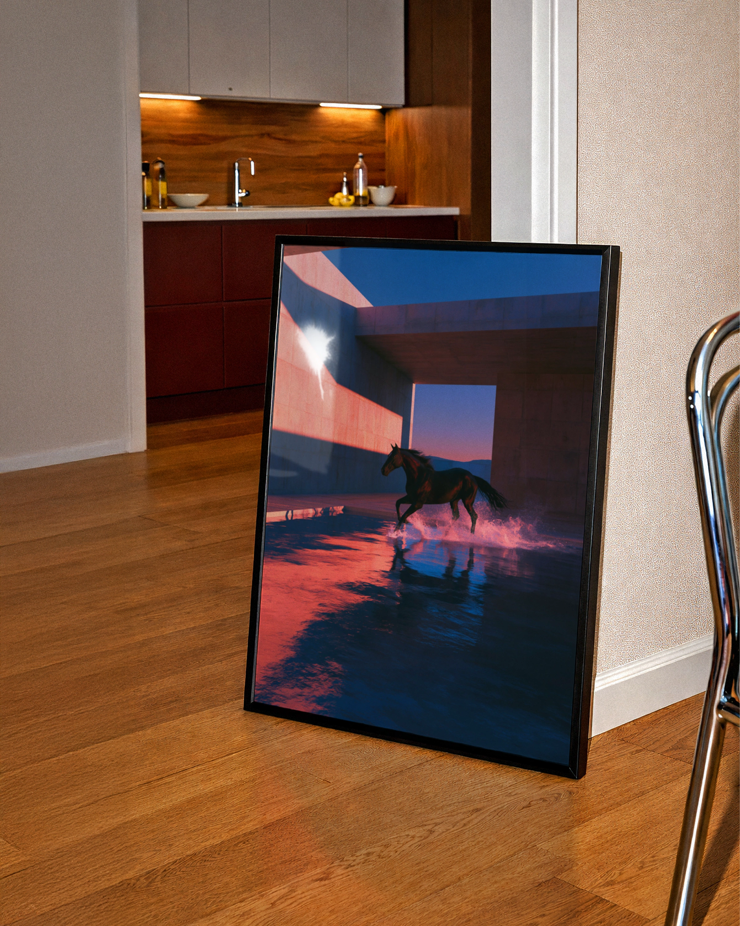 Horse Splashing Water Sunset Poster, Running Horse Wall Art, Moody Dramatic Print