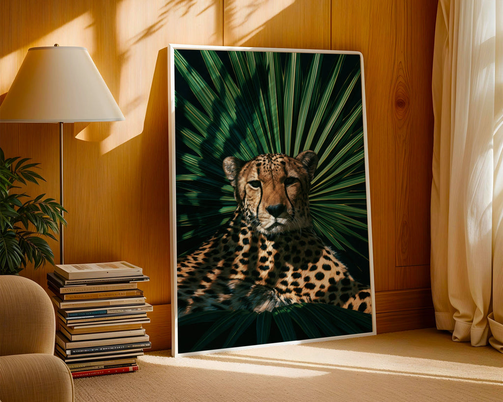 Cheetah Palm Shadow Poster, Tropical Wildlife Wall Art, Dark Botanical Print