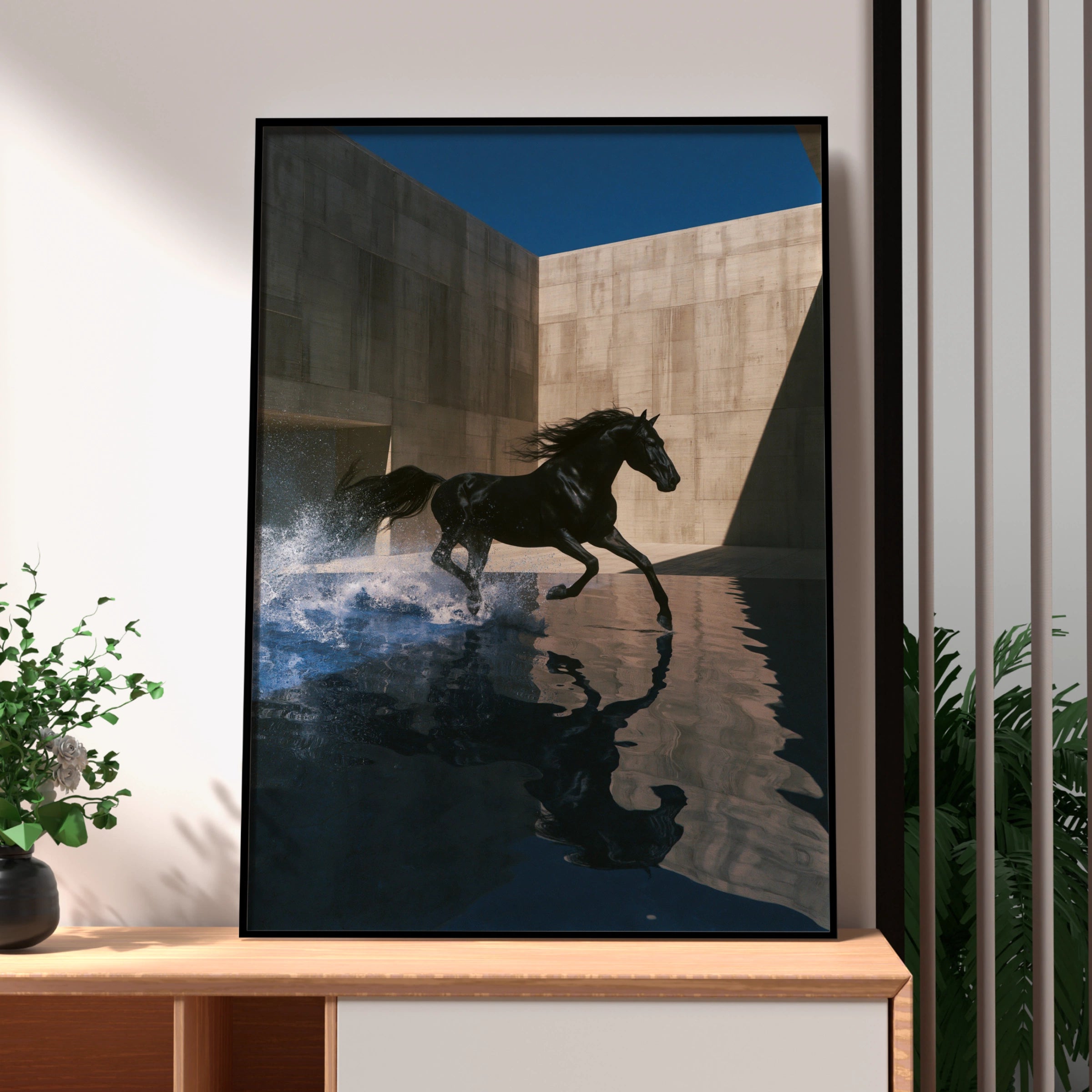 Black Horse Splash Water Poster, Running Stallion Wall Art, Modern Equine Print