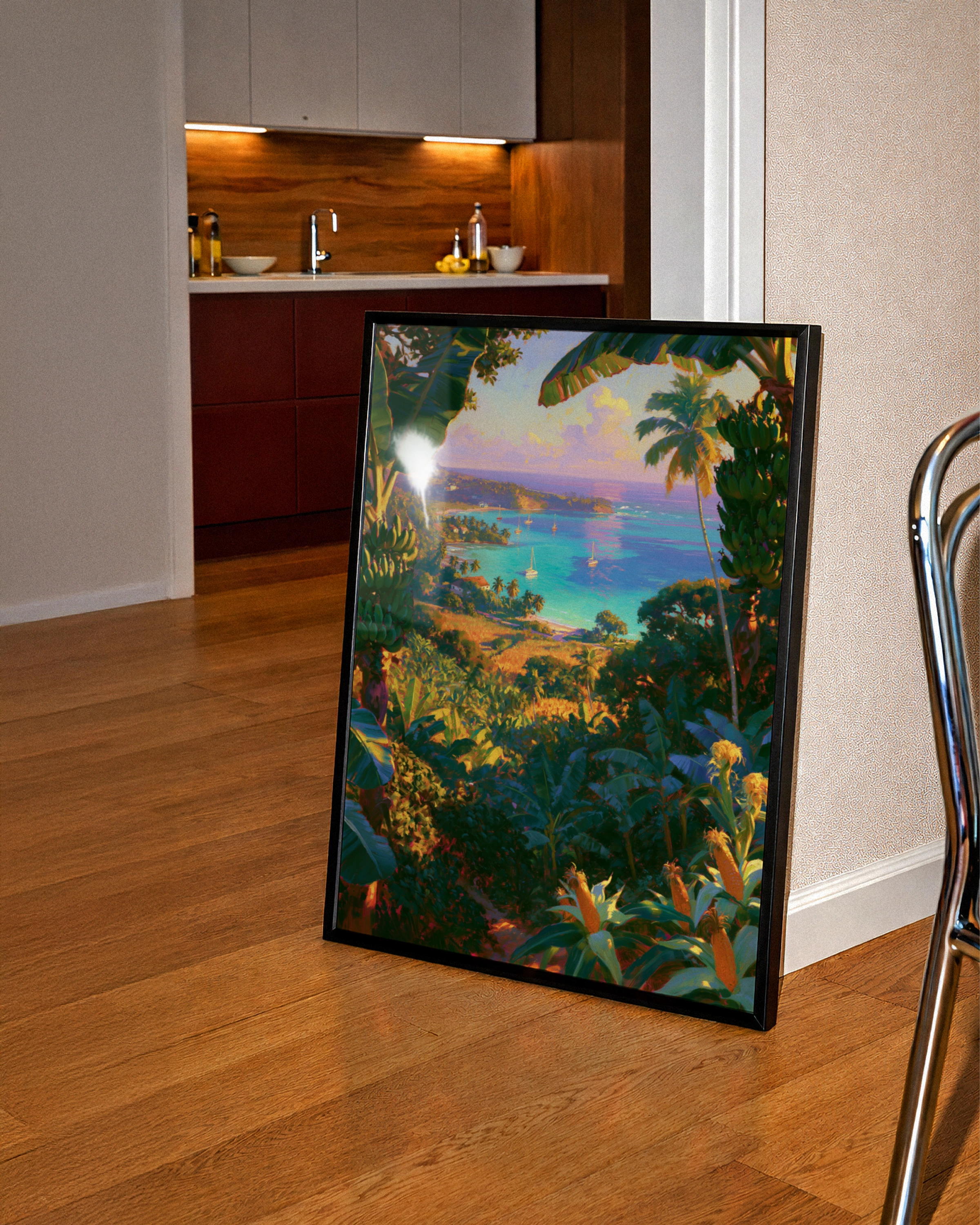Tropical Beach Bay Poster, Caribbean Jungle View, Sailboat Wall Art Print