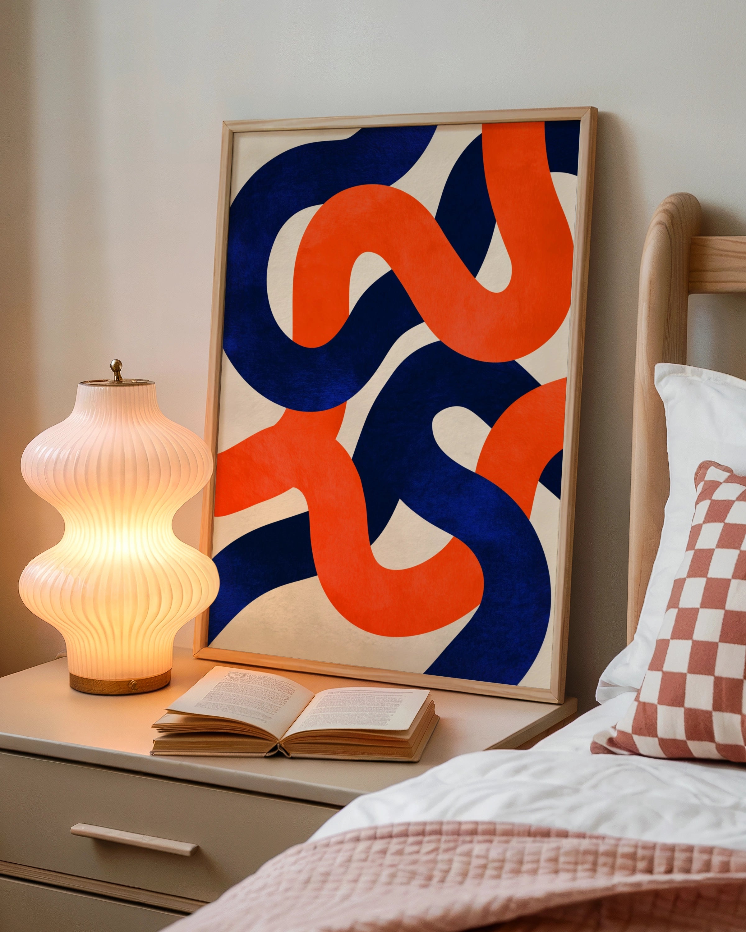 Abstract Swirl Pattern Poster, Red Blue White Bold Curves, Modern Wall Art
