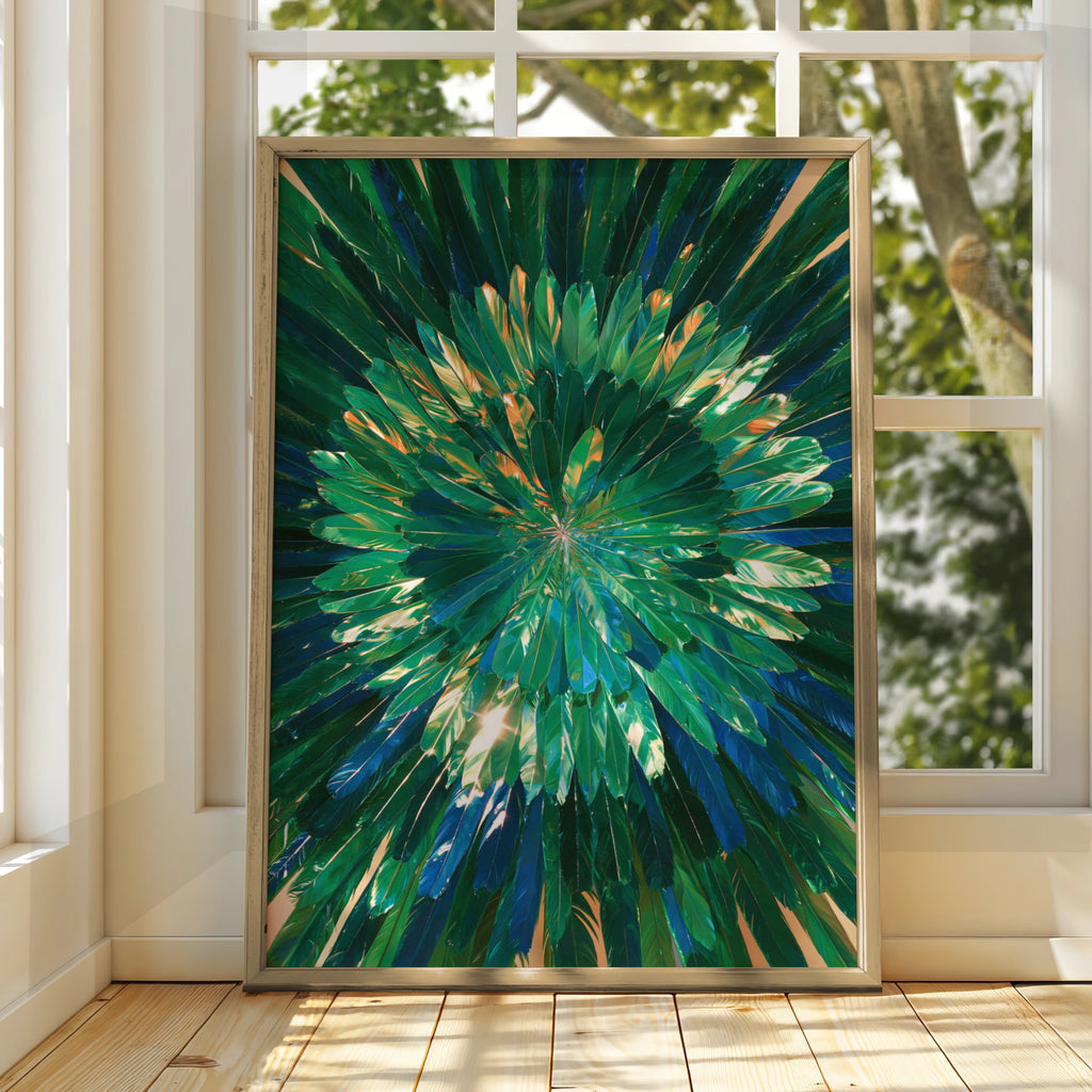 Green Feathers Burst Wall Art Poster, Iridescent Radial Nature Print