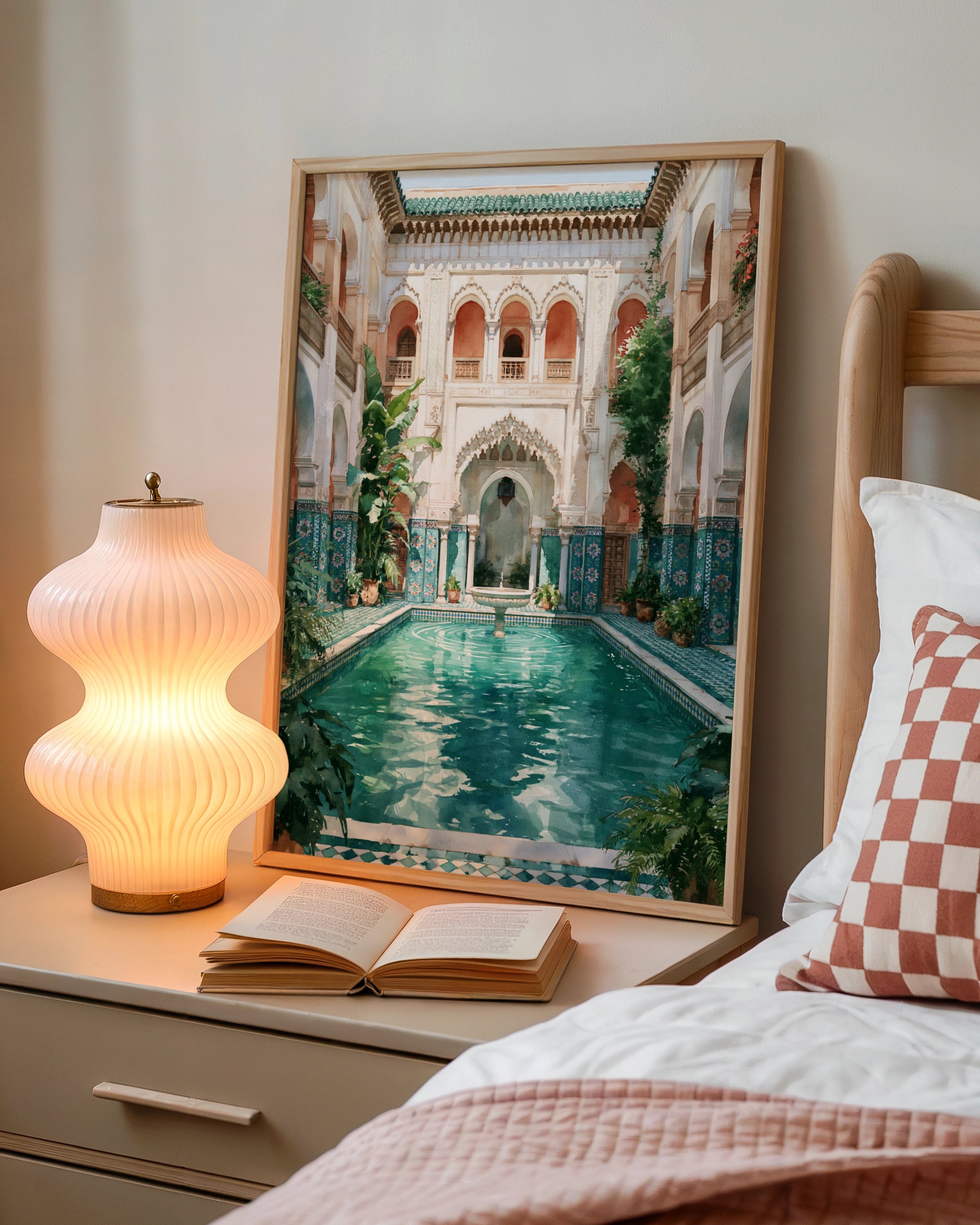 Moroccan Riad Courtyard Poster, Turquoise Pool Fountain, Ethnic Architecture Print