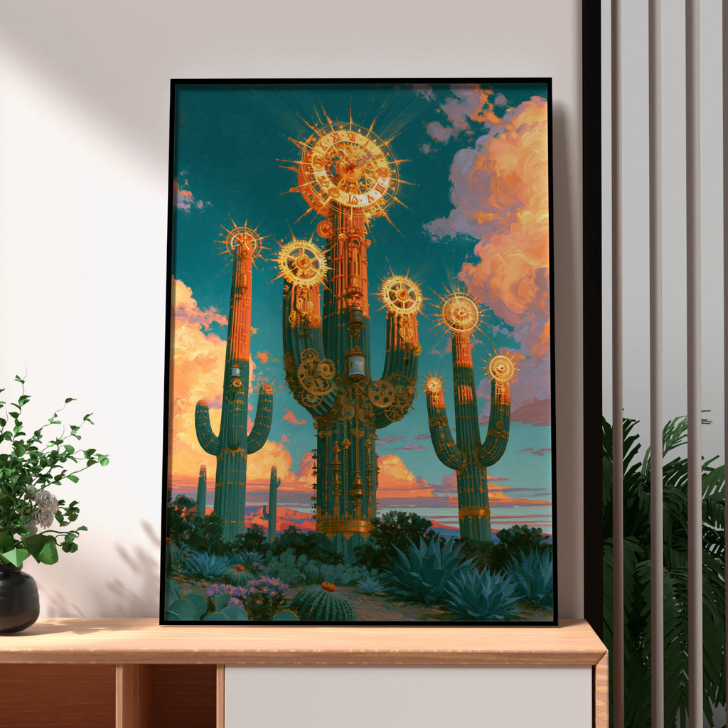 Steampunk Cactus Sun Clock Poster, Desert Fantasy Wall Art, Teal Gold Print