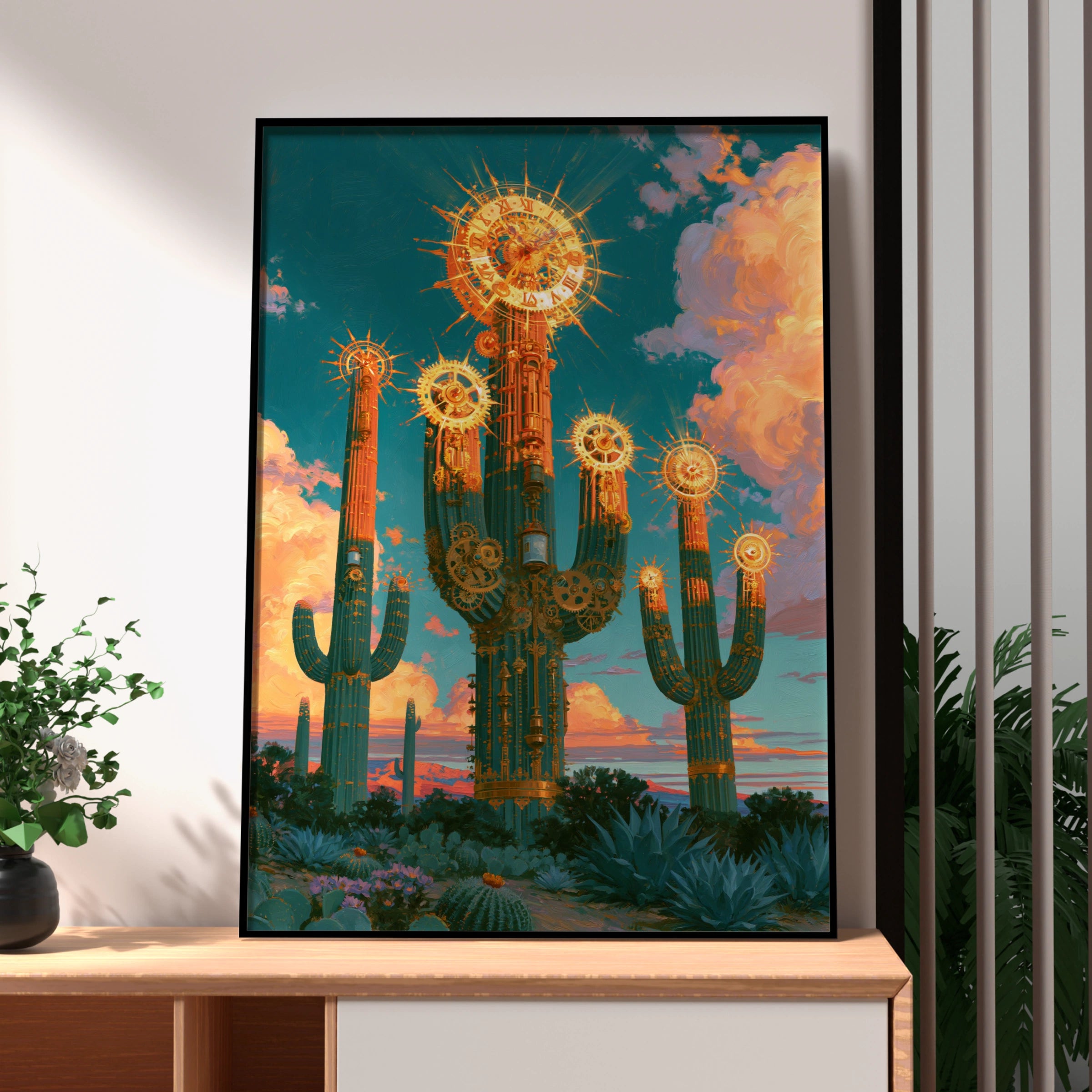 Steampunk Cactus Sun Clock Poster, Desert Fantasy Wall Art, Teal Gold Print