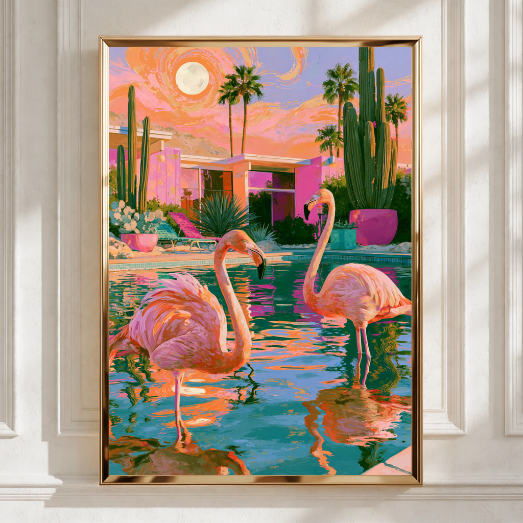 Flamingos Pool Palm Trees Cactus Poster, Mid-Century Desert Art Print