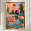 Flamingos Pool Palm Trees Cactus Poster, Mid-Century Desert Art Print