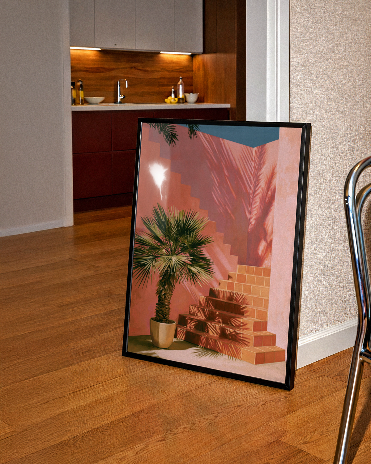 Palm Tree Courtyard Stairs Poster, Mediterranean Architecture, Terracotta Wall Art