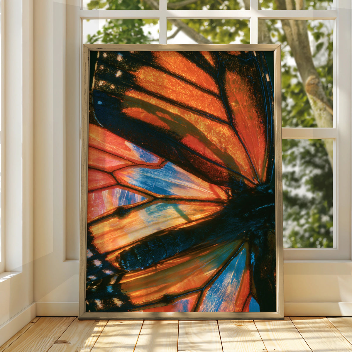 Butterfly Wing Close Up Poster, Macro Nature Photography Print, Orange Blue