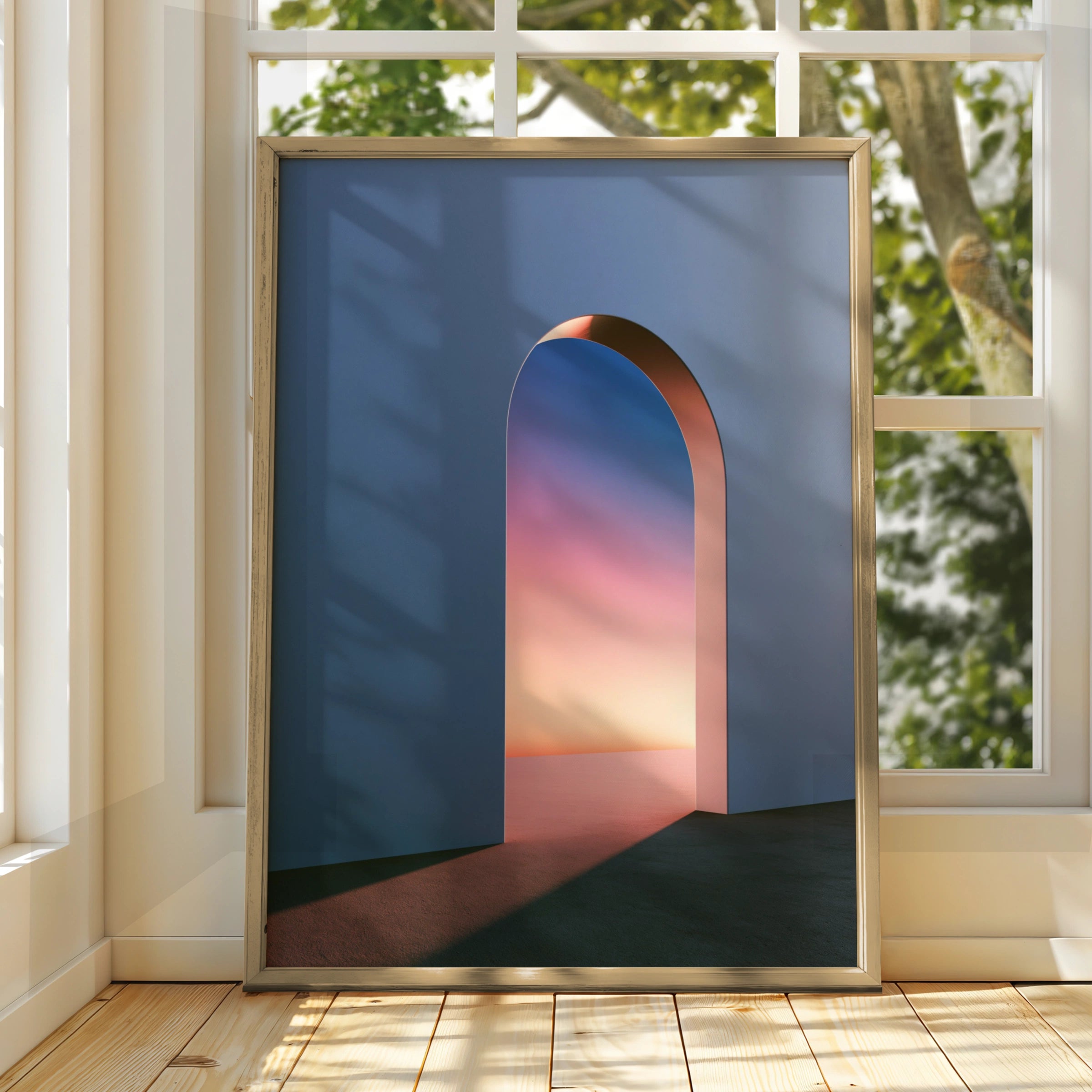 Surreal Arch Doorway Sunset Poster, Gradient Sky Wall Art, Minimalist Print