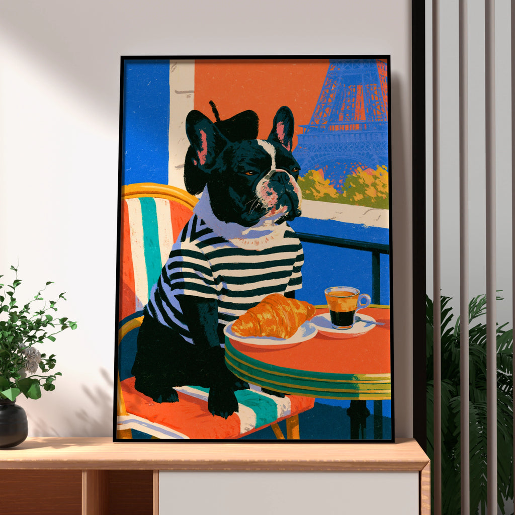 French Bulldog Paris Cafe Wall Art Poster, Eiffel Tower, Bold Colourful Print