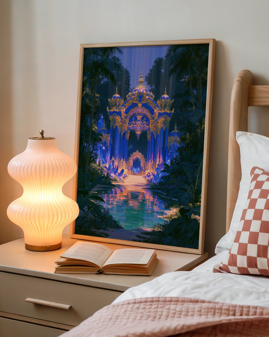 Sapphire Palace Fantasy Art Poster, Crystal Palace, Blue Gold Jungle Print