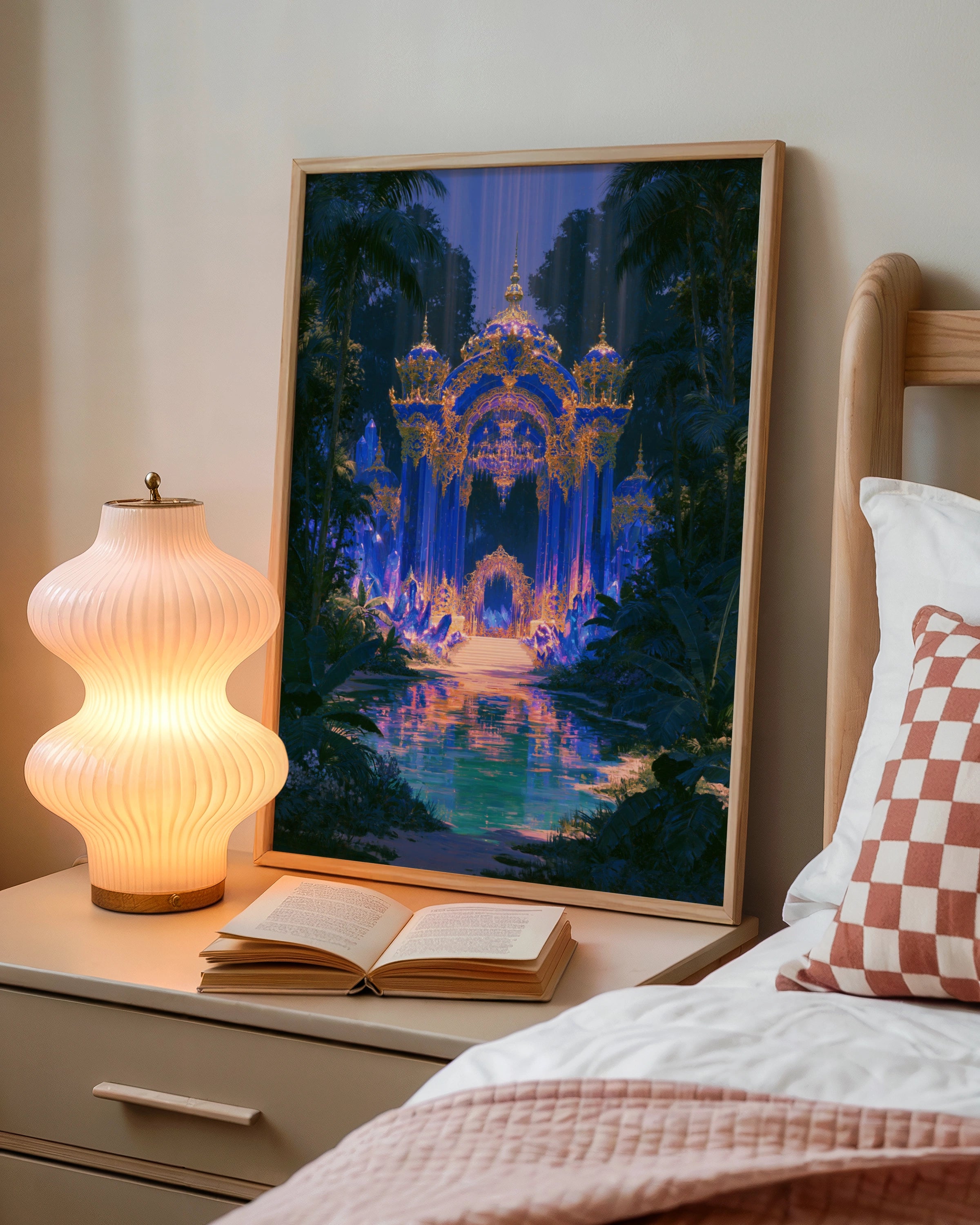 Sapphire Palace Fantasy Art Poster, Crystal Palace, Blue Gold Jungle Print