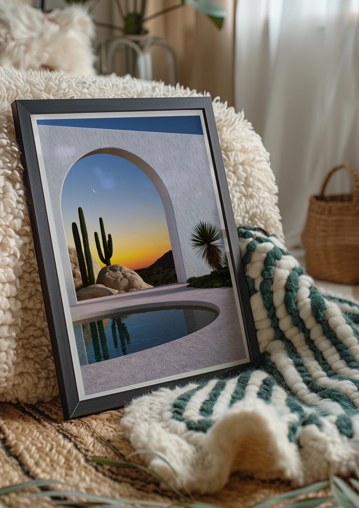 Desert Cactus Arch Pool Sunset Poster, Minimalist Architecture Wall Art Print