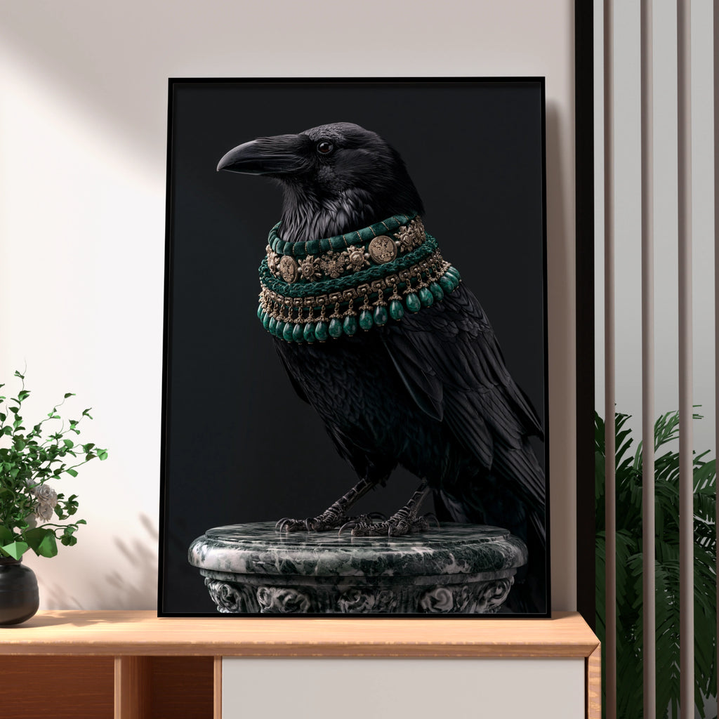 Raven With Green Jewelled Necklace Wall Art Poster, Dark Gothic Bird Print