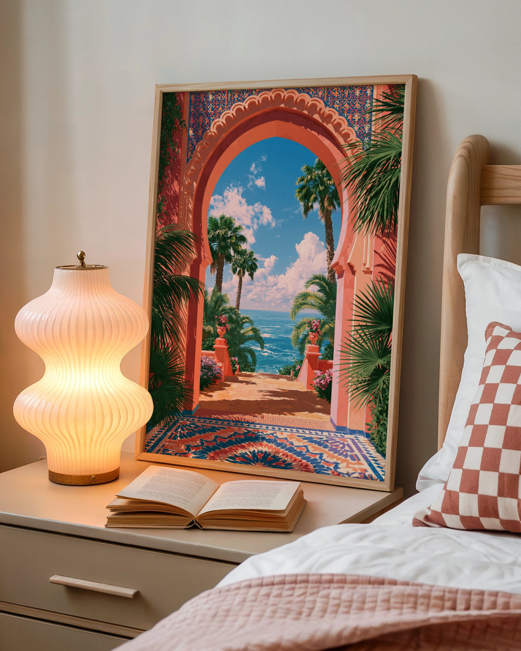 Moroccan Archway Palm Trees Sea View Wall Art Poster, Coastal Travel Print