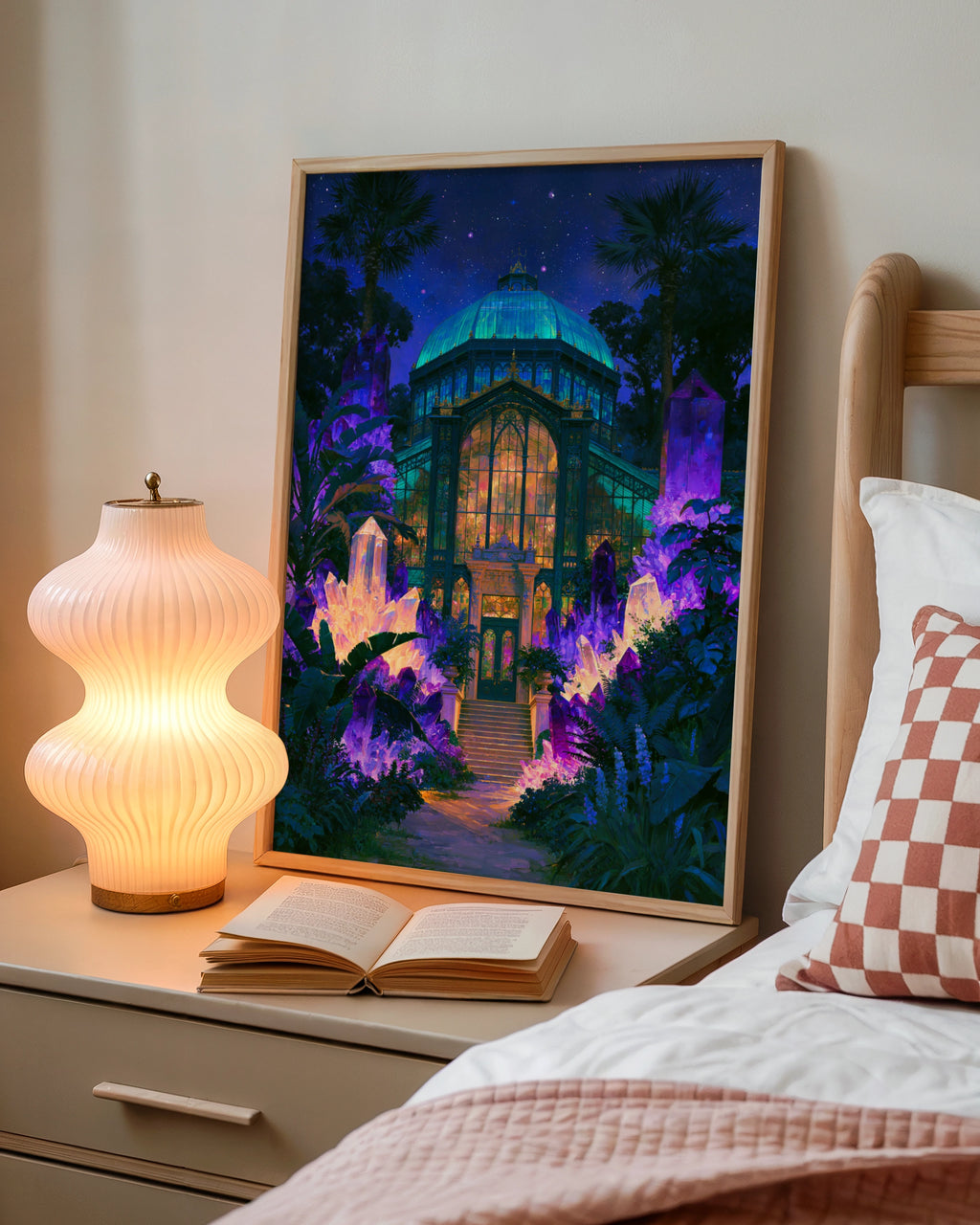Crystal Greenhouse Surreal Night Poster, Botanical Glasshouse Art Print, Fantasy