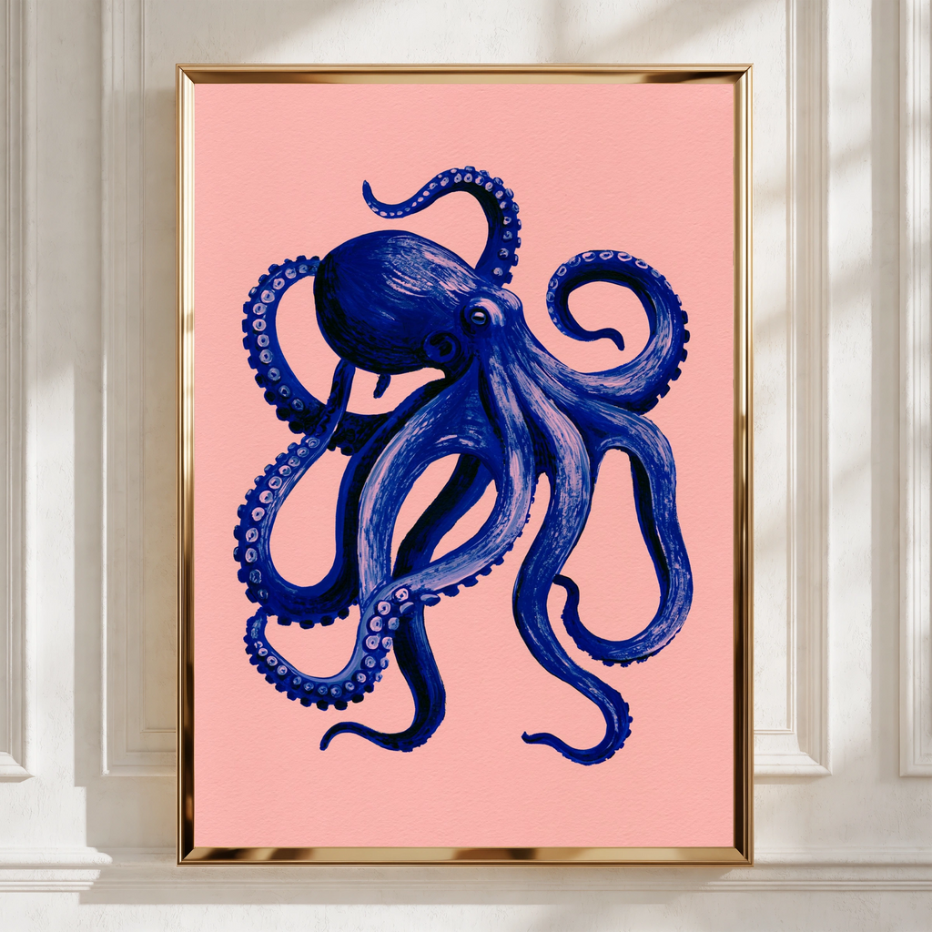 Blue Octopus Poster, Navy & Pink Wall Art, Bold Sea Creature Print