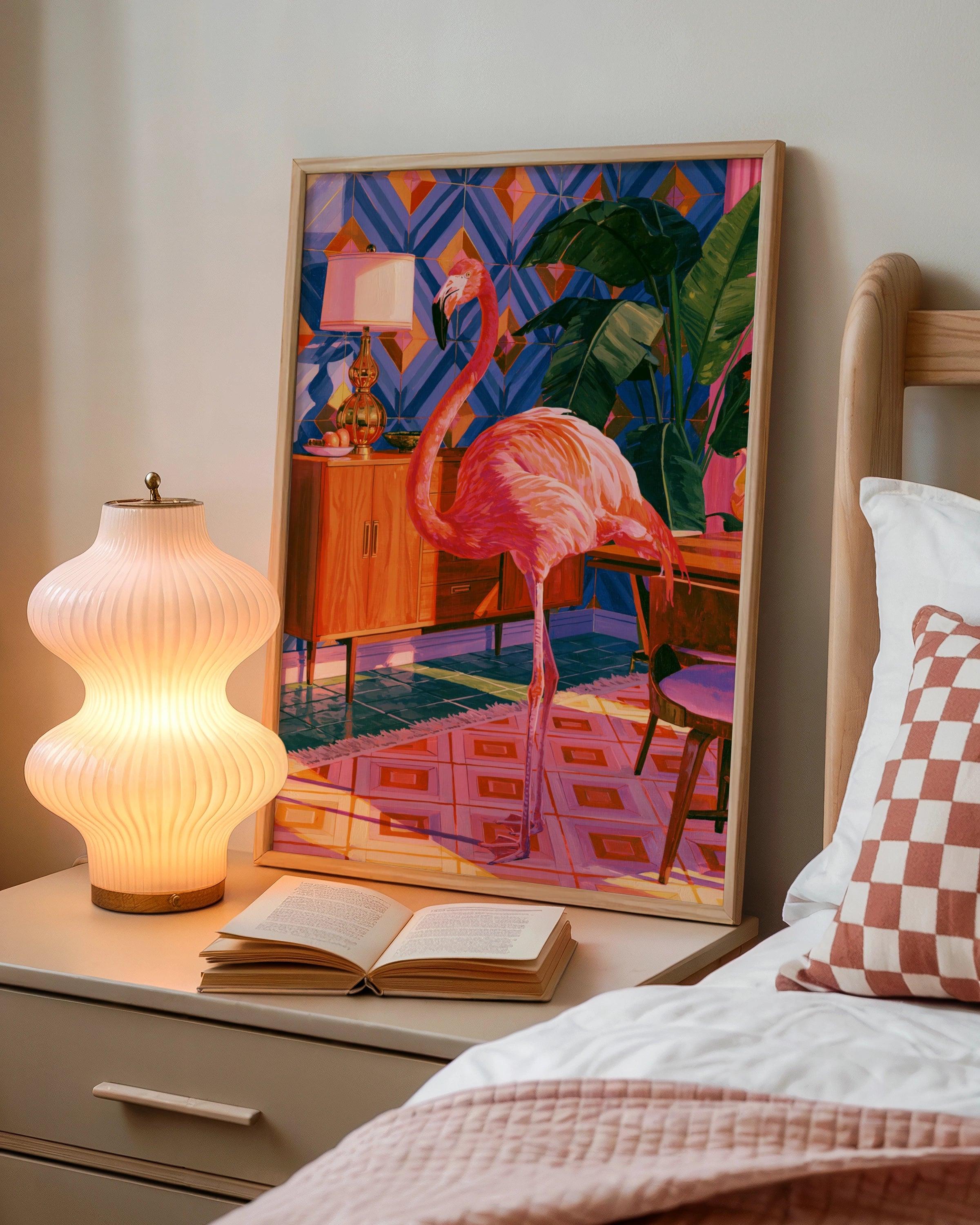Flamingo Living Room Poster, Mid-Century Interior Wall Art, Tropical Bird Print
