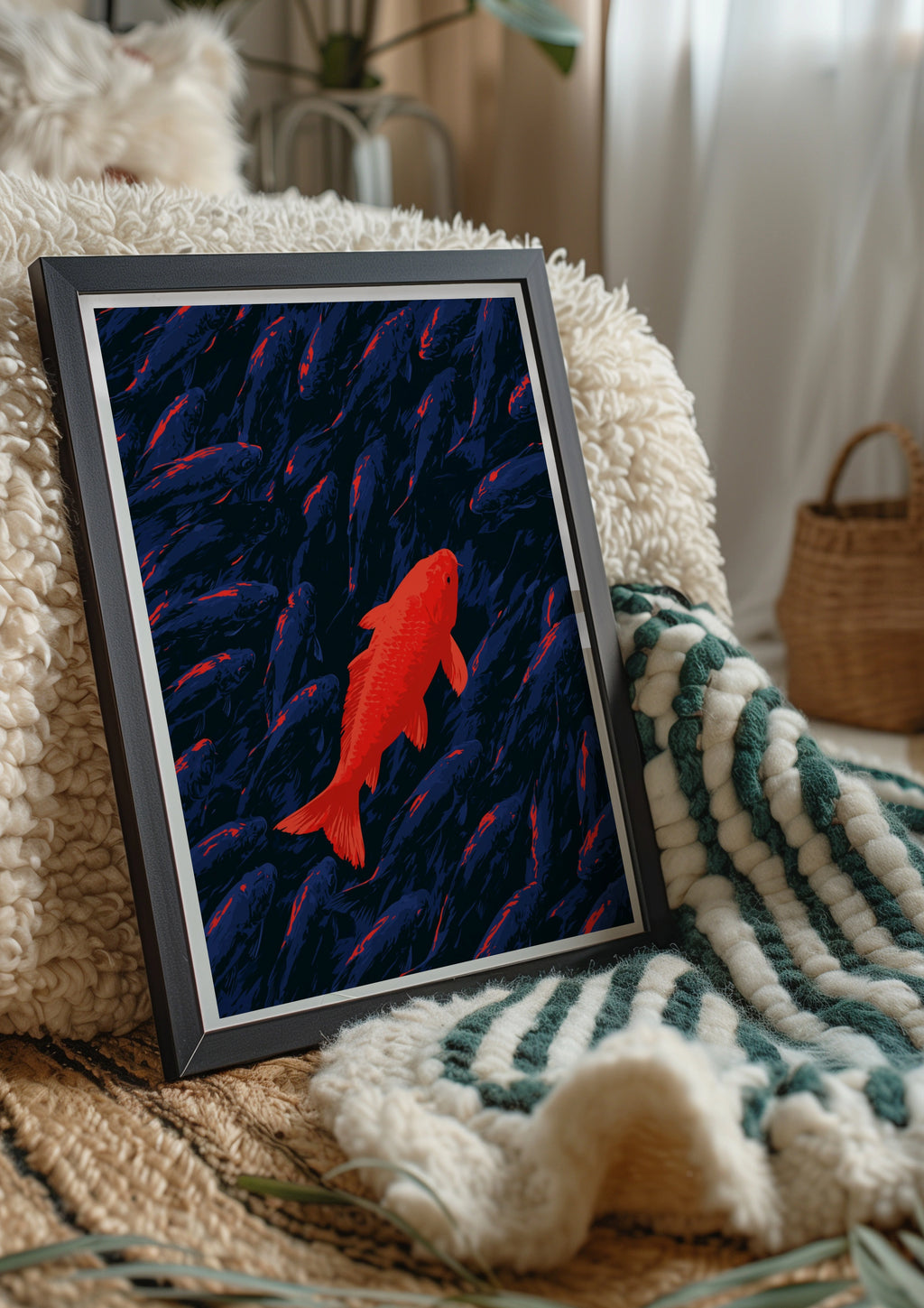 Red Koi Fish Poster, Stand Out Art Print, Bold Navy Blue Illustration