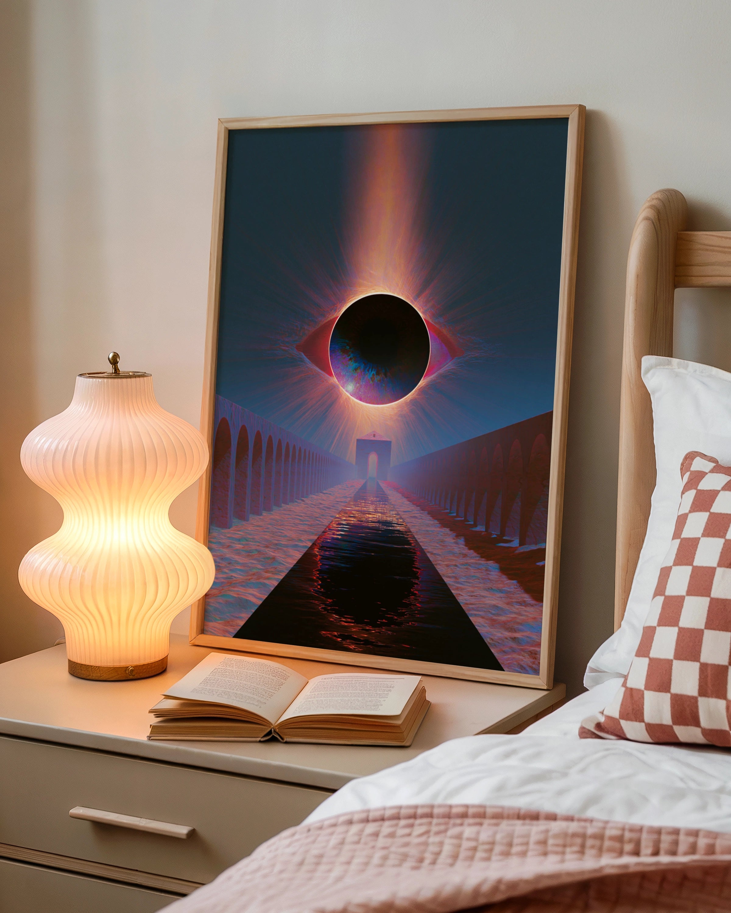 Eclipse Eye Arches River Abstract Poster, Surreal Dark Sky Art Print