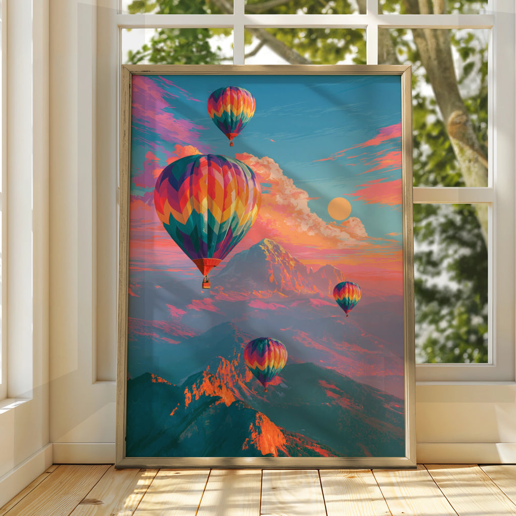 Hot Air Balloons Over Mountains Poster, Colourful Sky Art Print