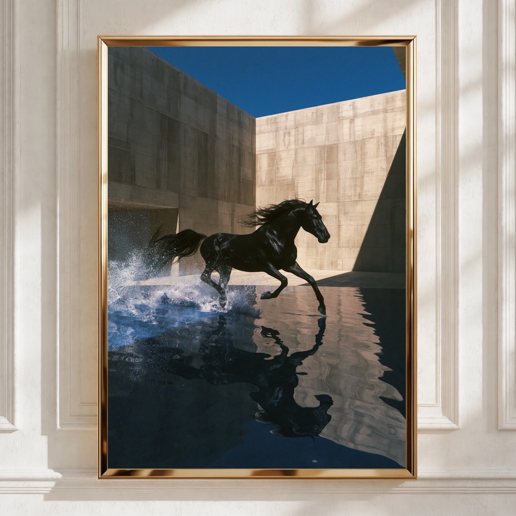 Black Horse Splash Water Poster, Running Stallion Wall Art, Modern Equine Print