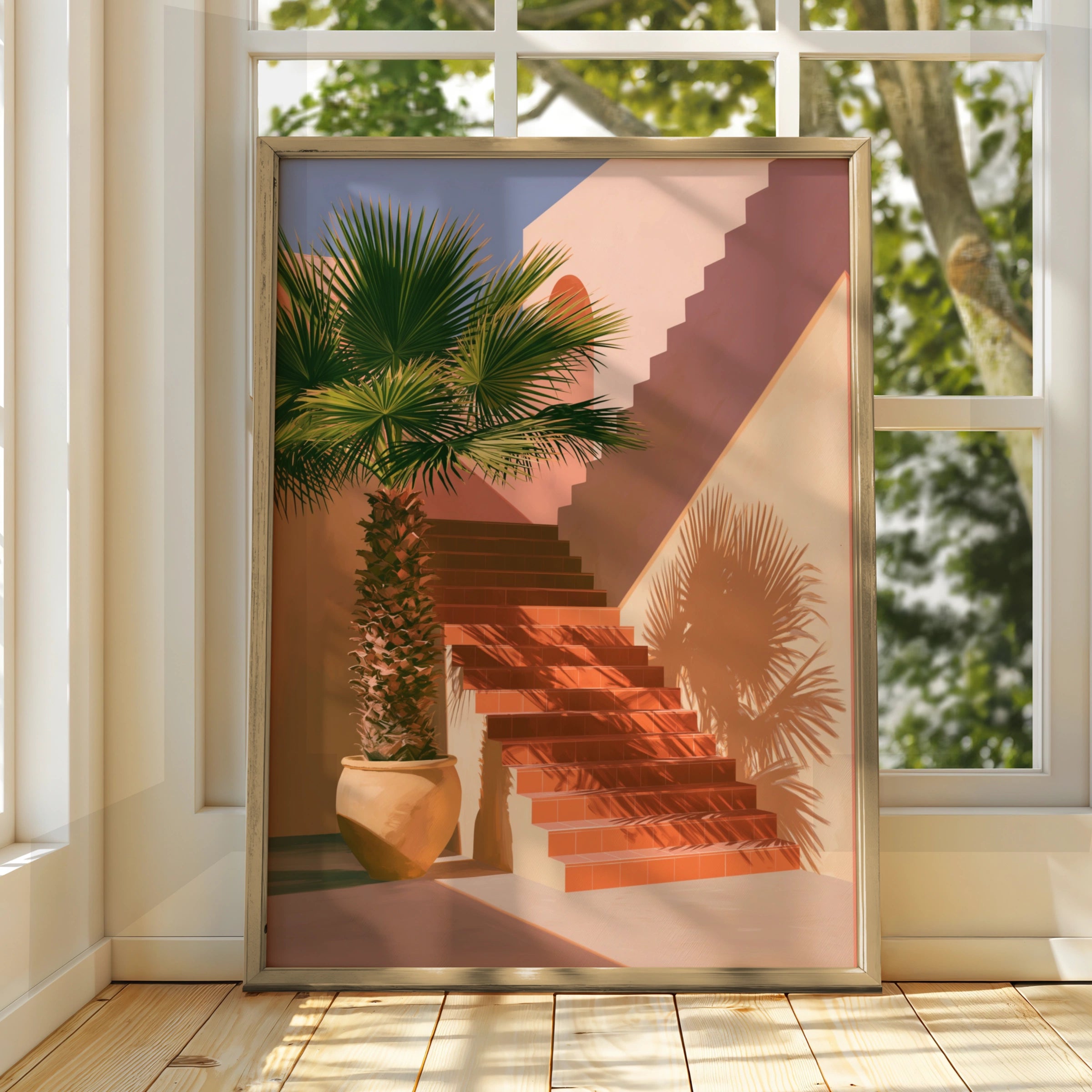 Palm Tree Staircase Poster, Mediterranean Architecture Print, Terracotta Sun Shadow Art