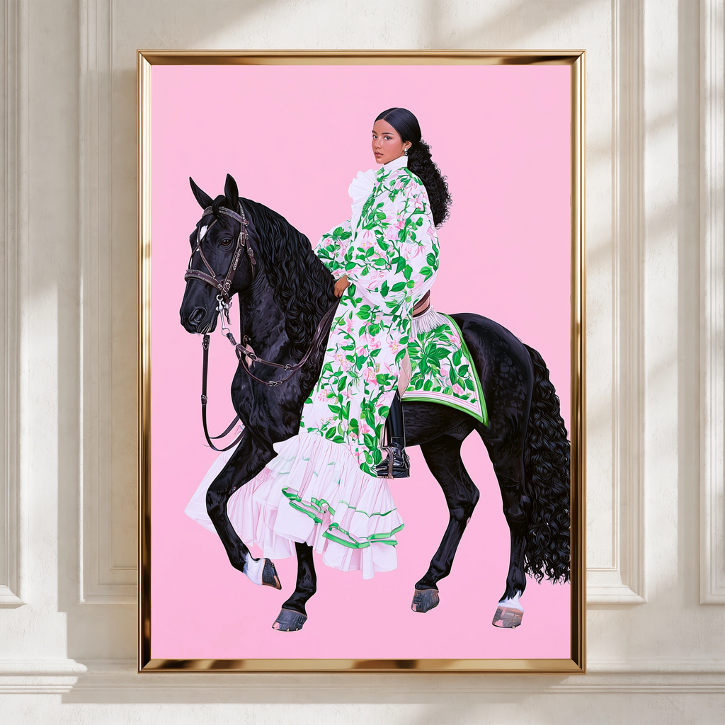 Woman on Black Horse Pink Background, Equestrian Poster, Floral Dress Art